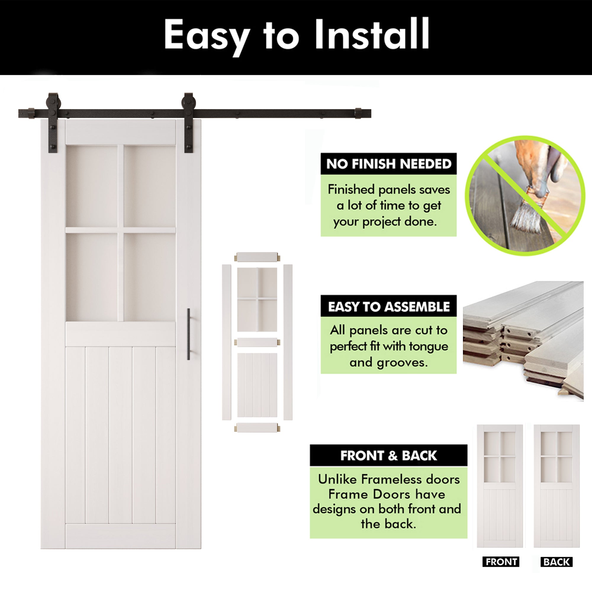 80" Height White Half Lite Grid Glass Double Unassembled & Finished Pine Wood Barn Doors with Non-Bypass Installation Hardware Kit (Interior Use Only)