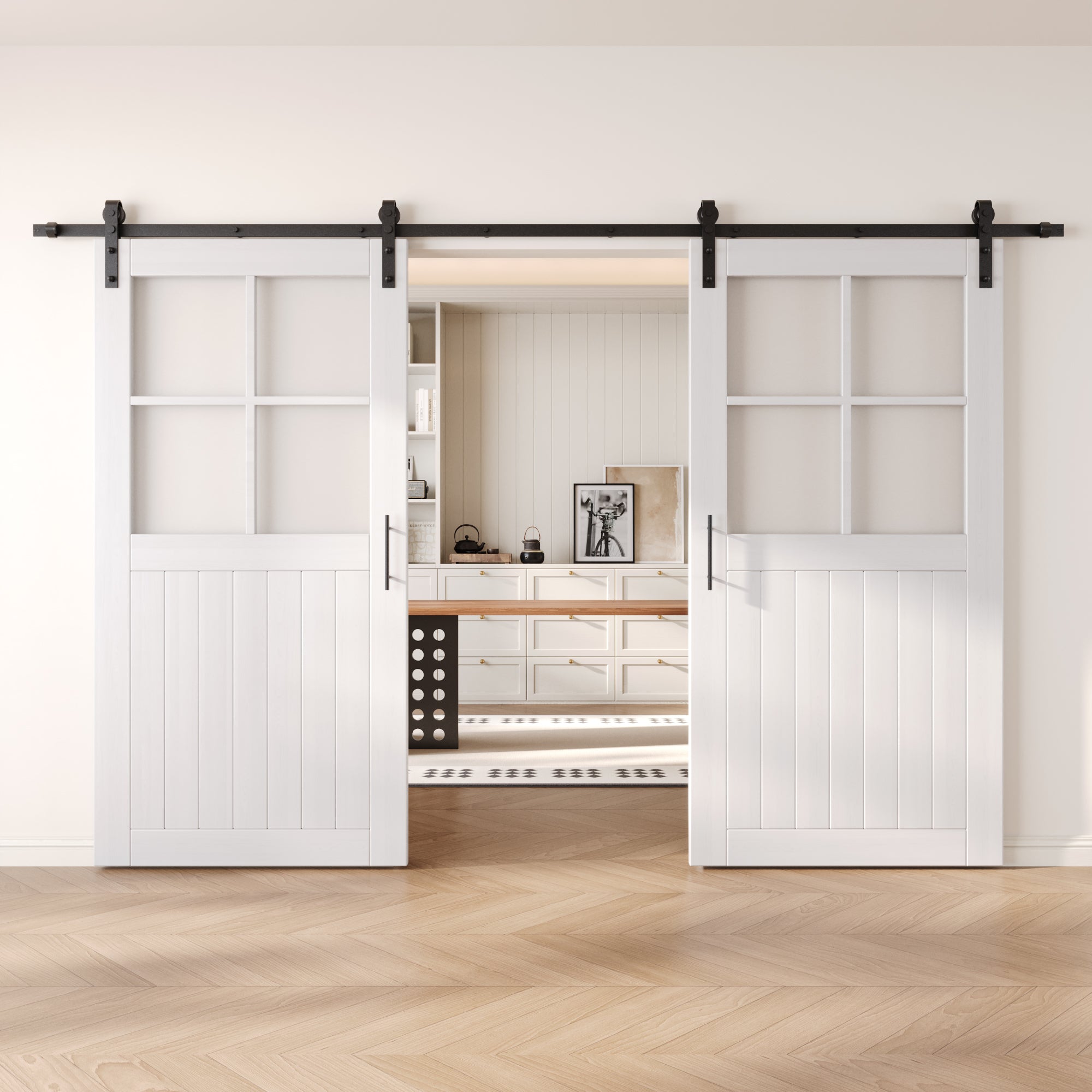 80" Height White Half Lite Grid Glass Double Unassembled & Finished Pine Wood Barn Doors with Non-Bypass Installation Hardware Kit (Interior Use Only)