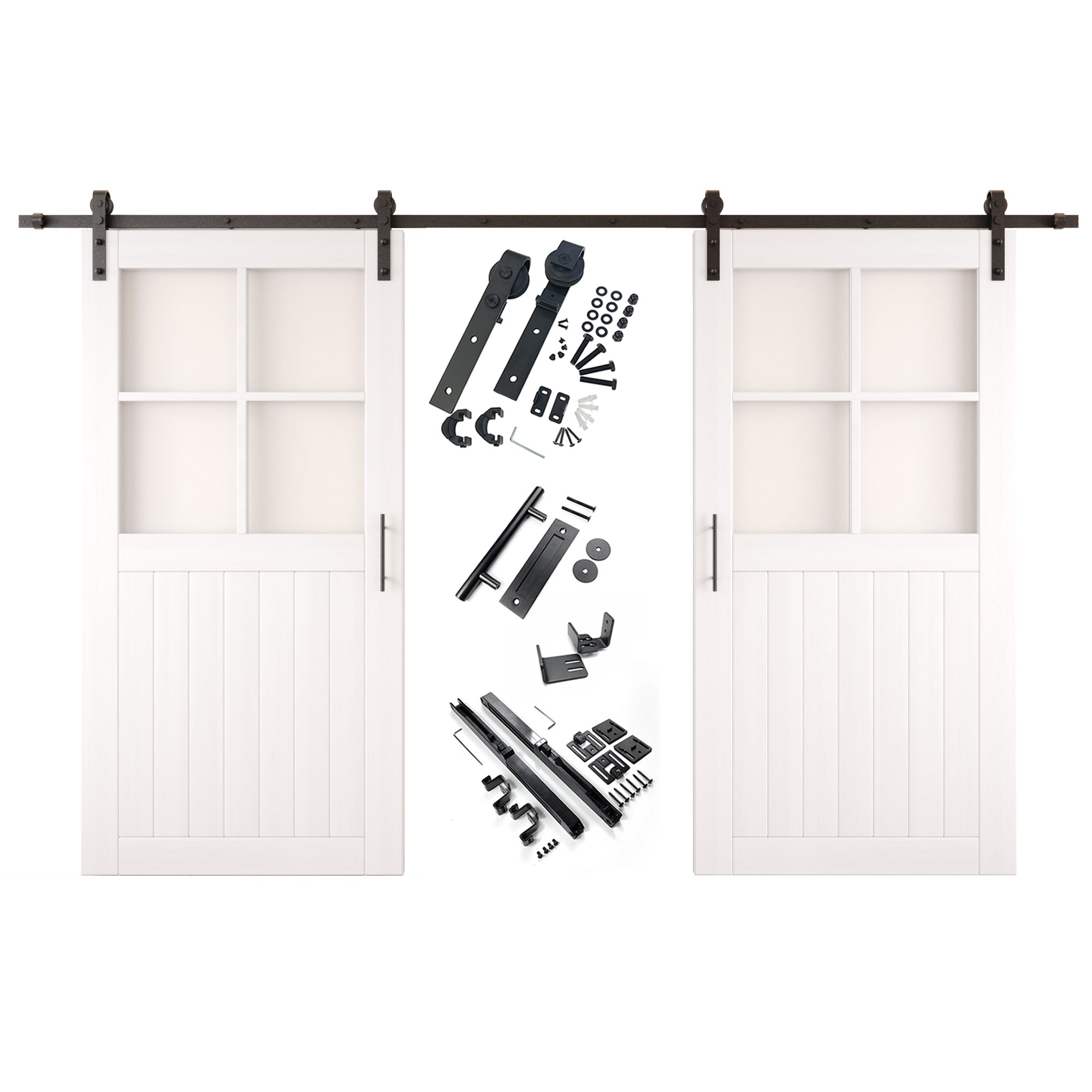 80" Height White Half Lite Grid Glass Double Unassembled & Finished Pine Wood Barn Doors with Non-Bypass Installation Hardware Kit (Interior Use Only)