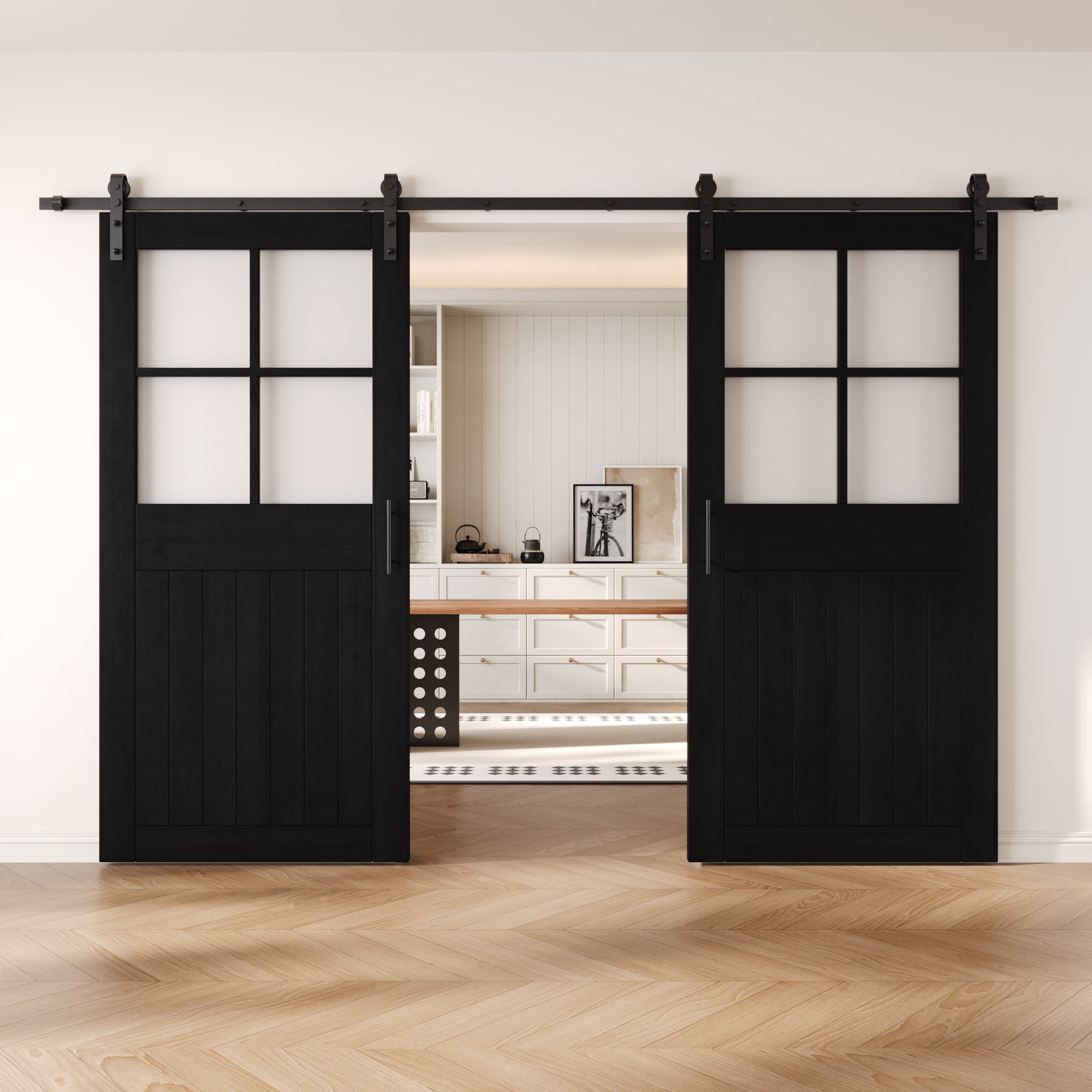 84" Height Black Half Lite Grid Glass Double Unassembled & Finished Pine Wood Barn Doors with Non-Bypass Installation Hardware Kit (Interior Use Only)