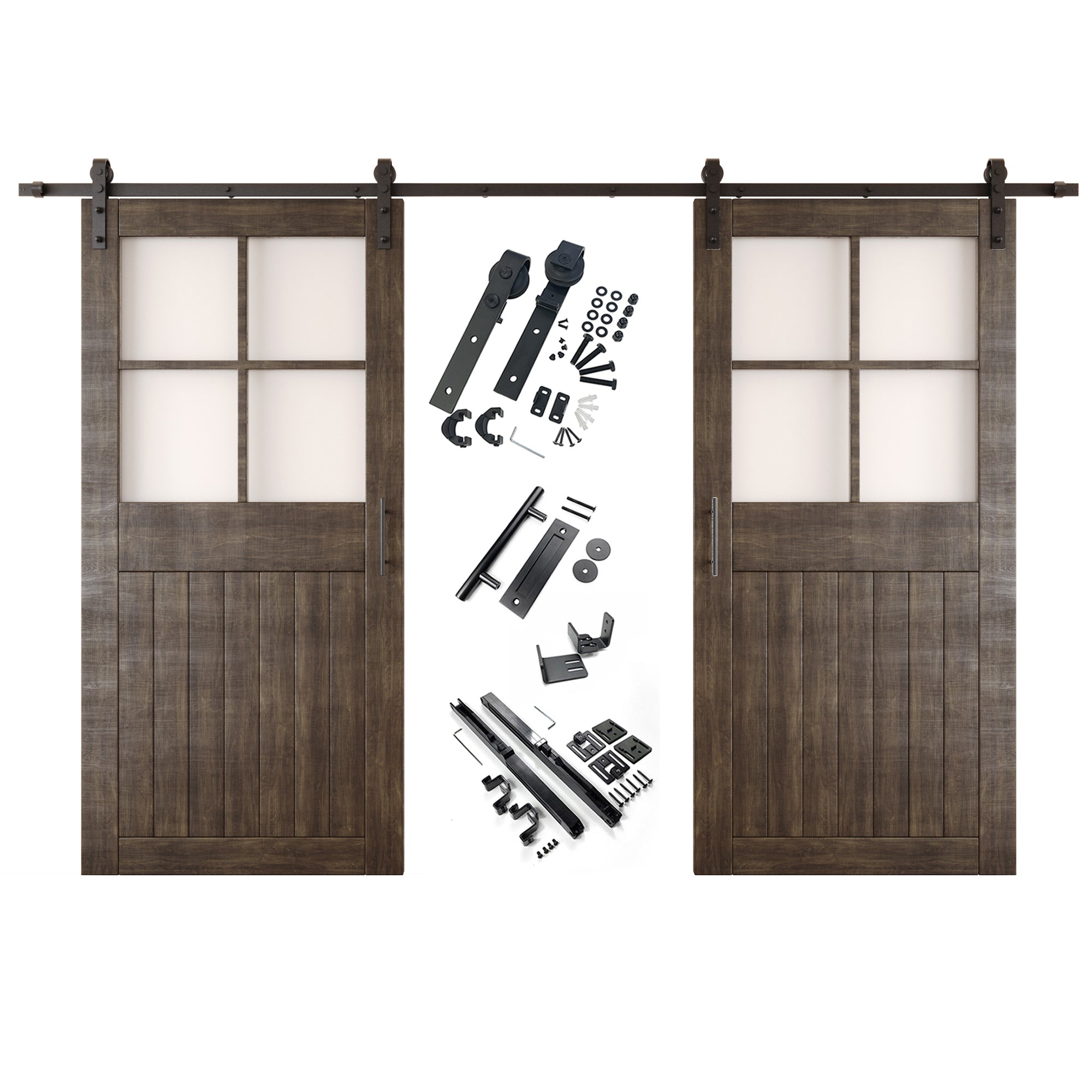 84" Height Ebony Half Lite Grid Glass Double Unassembled & Finished Pine Wood Barn Doors with Non-Bypass Installation Hardware Kit (Interior Use Only)
