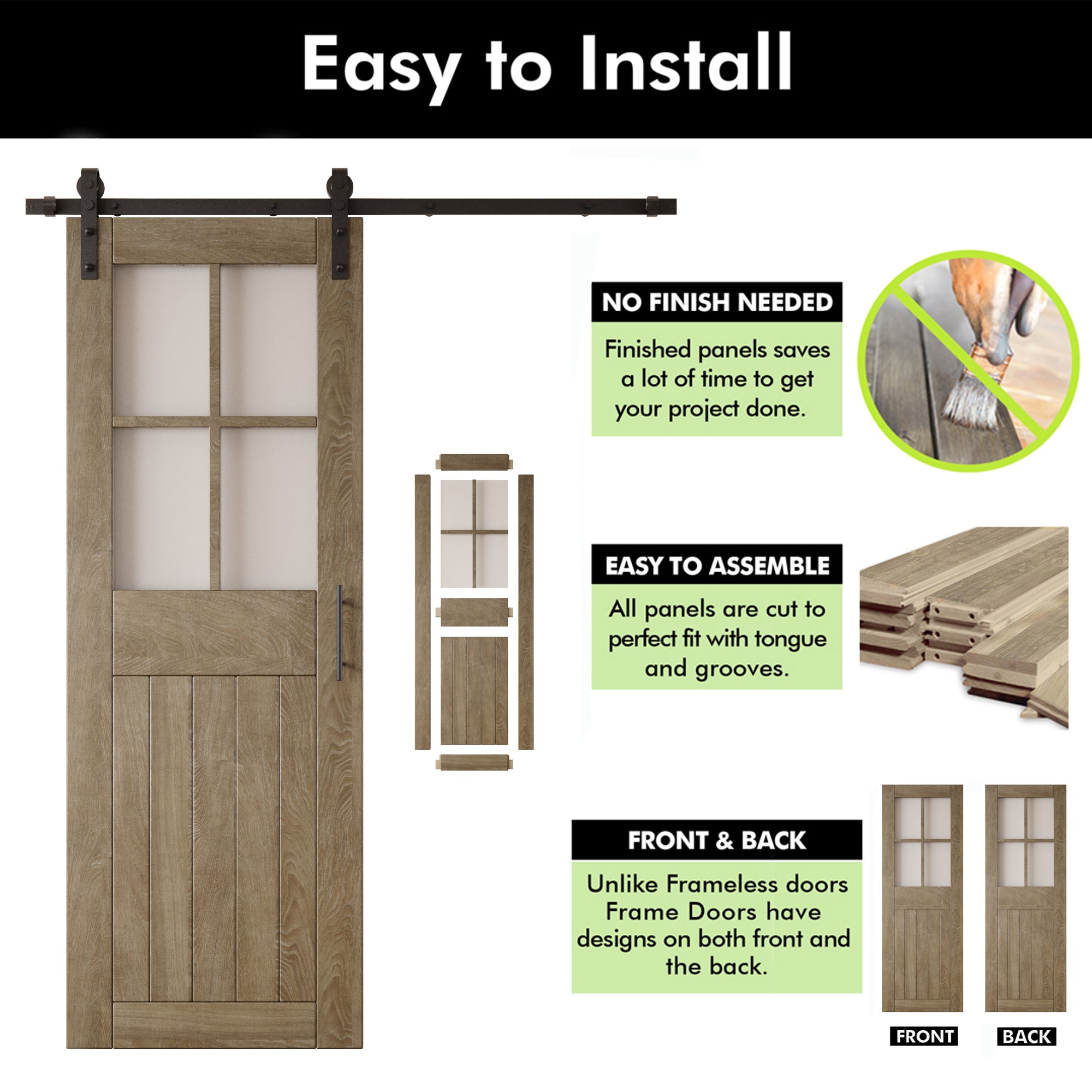 84" Height Classic Gray Half Lite Grid Glass Double Unassembled & Finished Pine Wood Barn Doors with Non-Bypass Installation Hardware Kit (Interior Use Only)