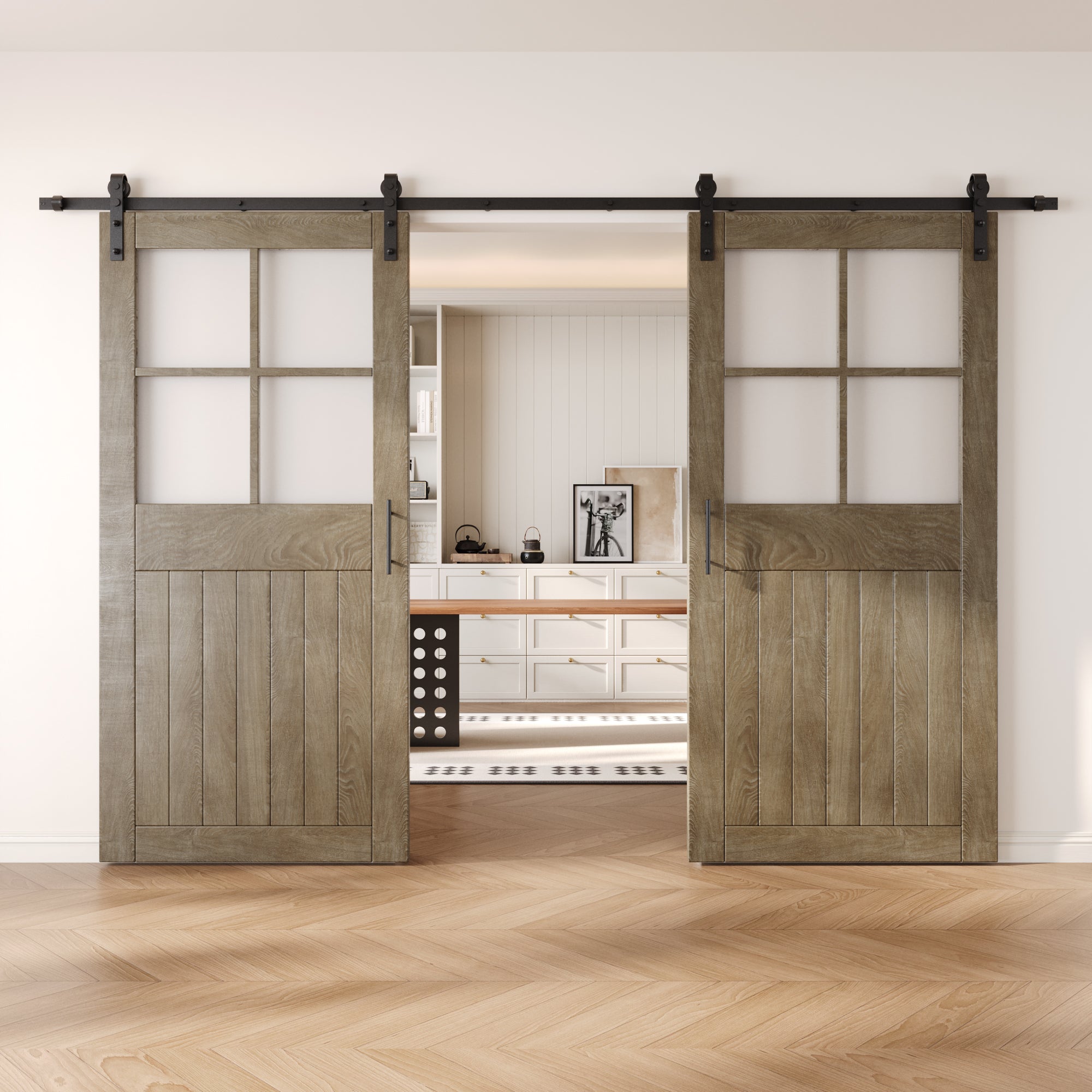 84" Height Classic Gray Half Lite Grid Glass Double Unassembled & Finished Pine Wood Barn Doors with Non-Bypass Installation Hardware Kit (Interior Use Only)