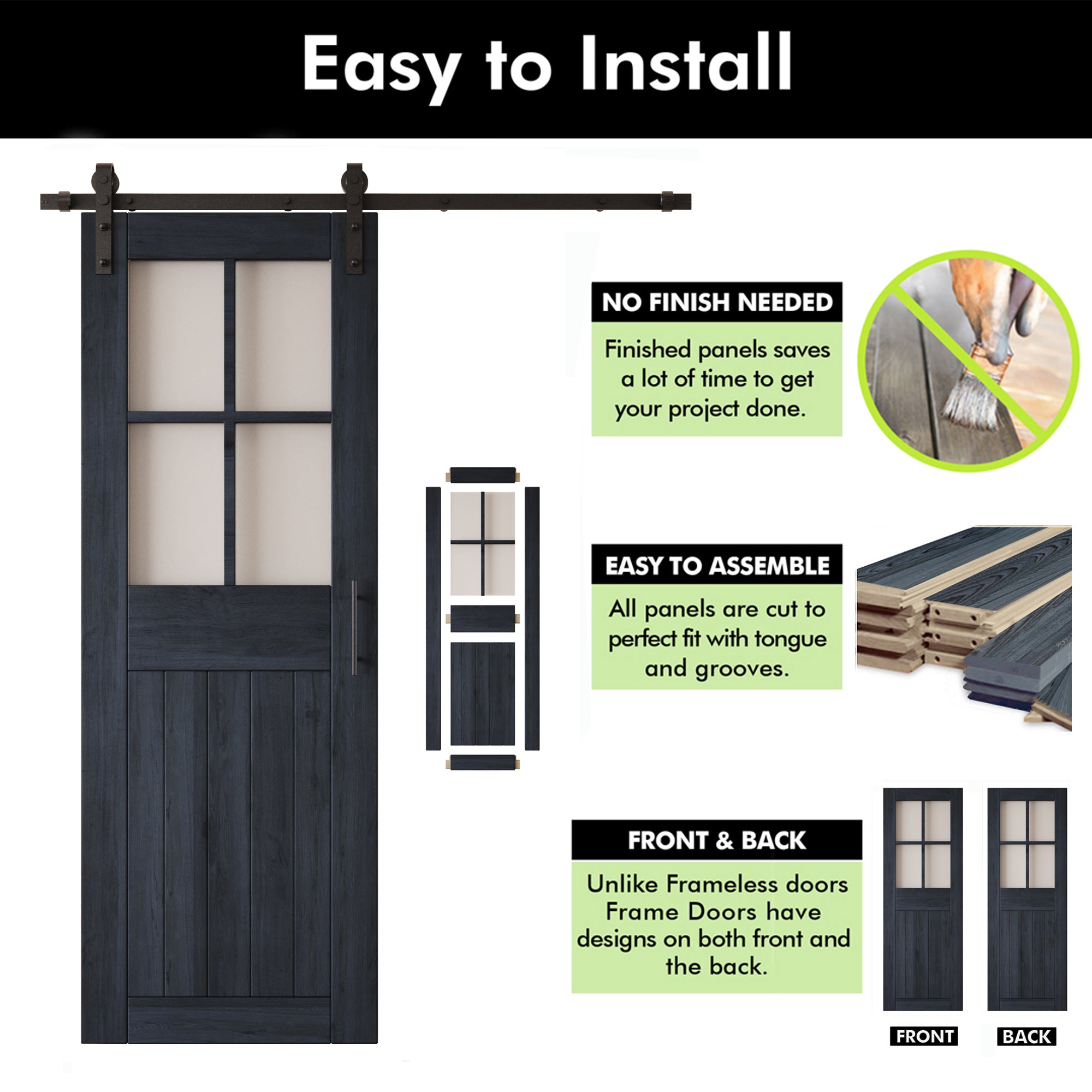 84" Height Navy Half Lite Grid Glass Double Unassembled & Finished Pine Wood Barn Doors with Non-Bypass Installation Hardware Kit (Interior Use Only)