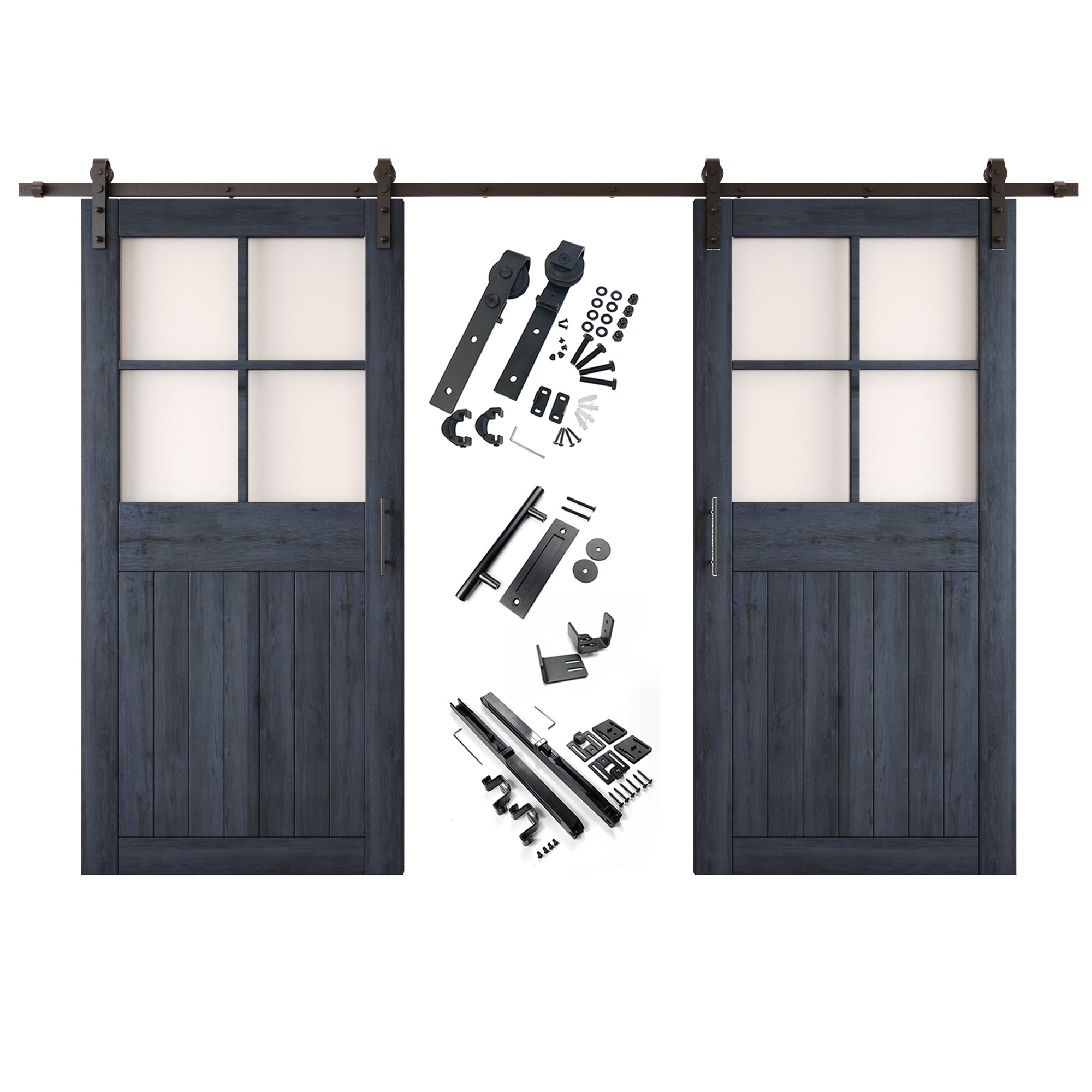 84" Height Navy Half Lite Grid Glass Double Unassembled & Finished Pine Wood Barn Doors with Non-Bypass Installation Hardware Kit (Interior Use Only)
