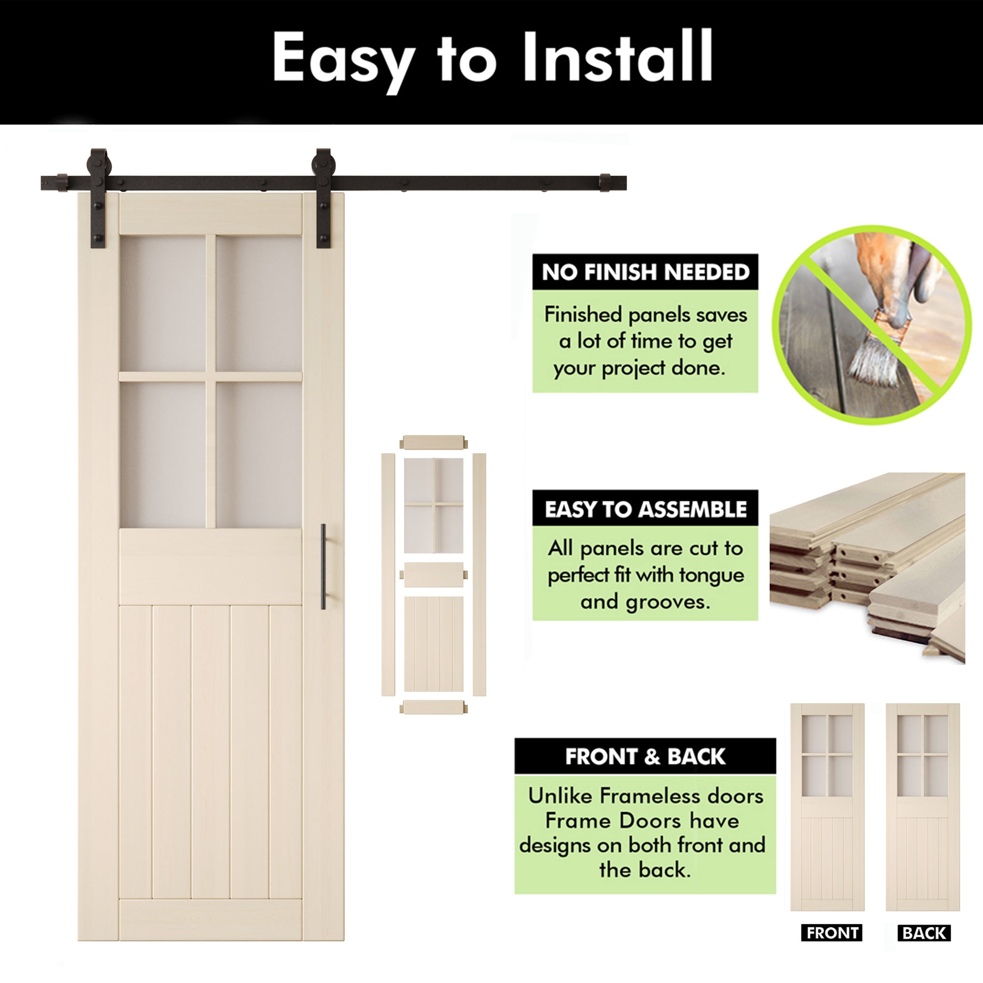 84" Height Tinsmith Gray Half Lite Grid Glass Double Unassembled & Finished Pine Wood Barn Doors with Non-Bypass Installation Hardware Kit (Interior Use Only)