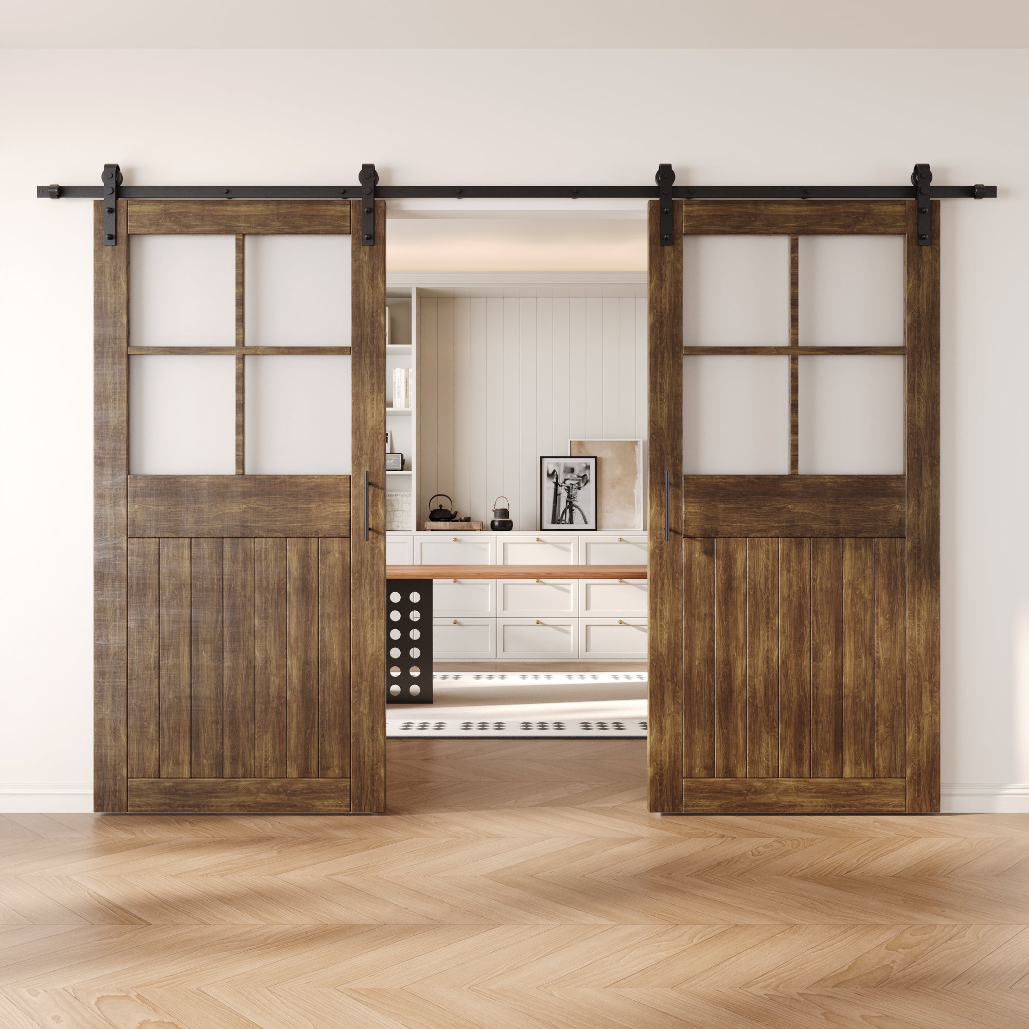 84" Height Dark Walnut Half Lite Grid Glass Double Unassembled & Finished Pine Wood Barn Doors with Non-Bypass Installation Hardware Kit (Interior Use Only)