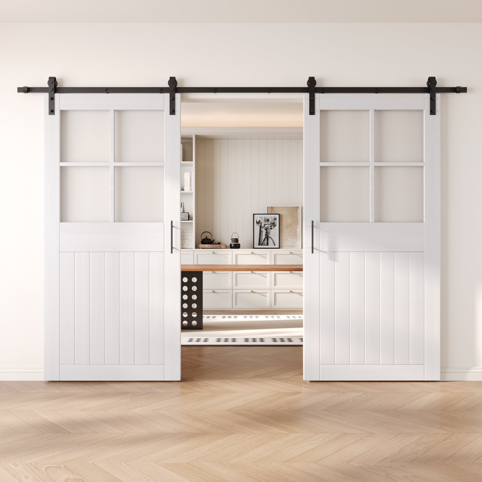 84" Height White Half Lite Grid Glass Double Unassembled & Finished Pine Wood Barn Doors with Non-Bypass Installation Hardware Kit (Interior Use Only)