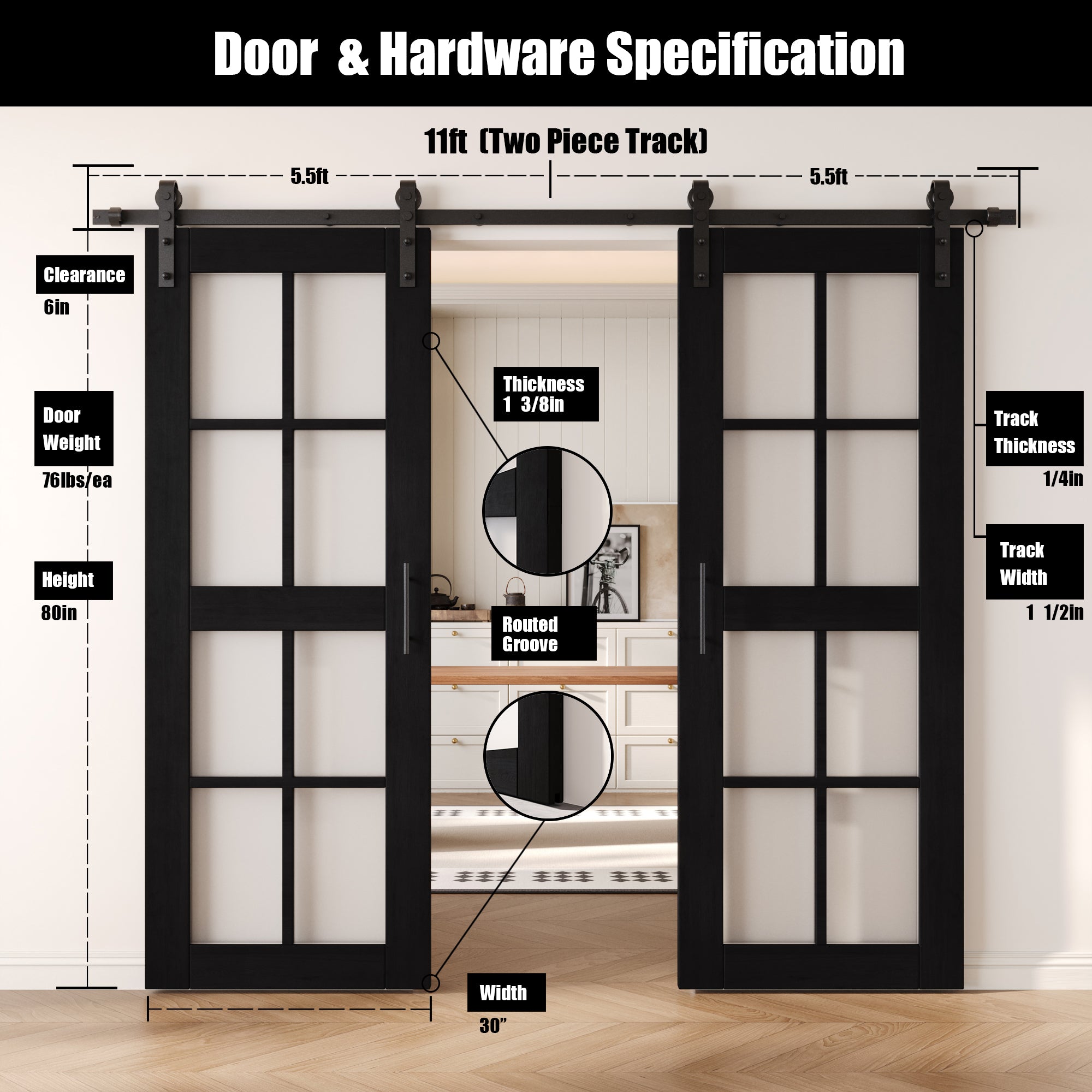 80" Height Black 8-Lite Frosted Glass Double Unassembled & Finished Pine Wood Barn Doors with Non-Bypass Installation Hardware Kit (Interior Use Only)