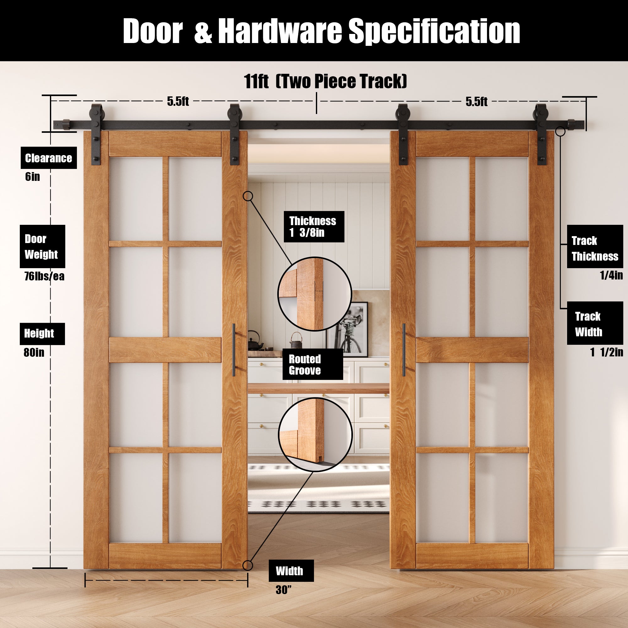 80" Height Early American 8-Lite Frosted Glass Double Unassembled & Finished Pine Wood Barn Doors with Non-Bypass Installation Hardware Kit (Interior Use Only)