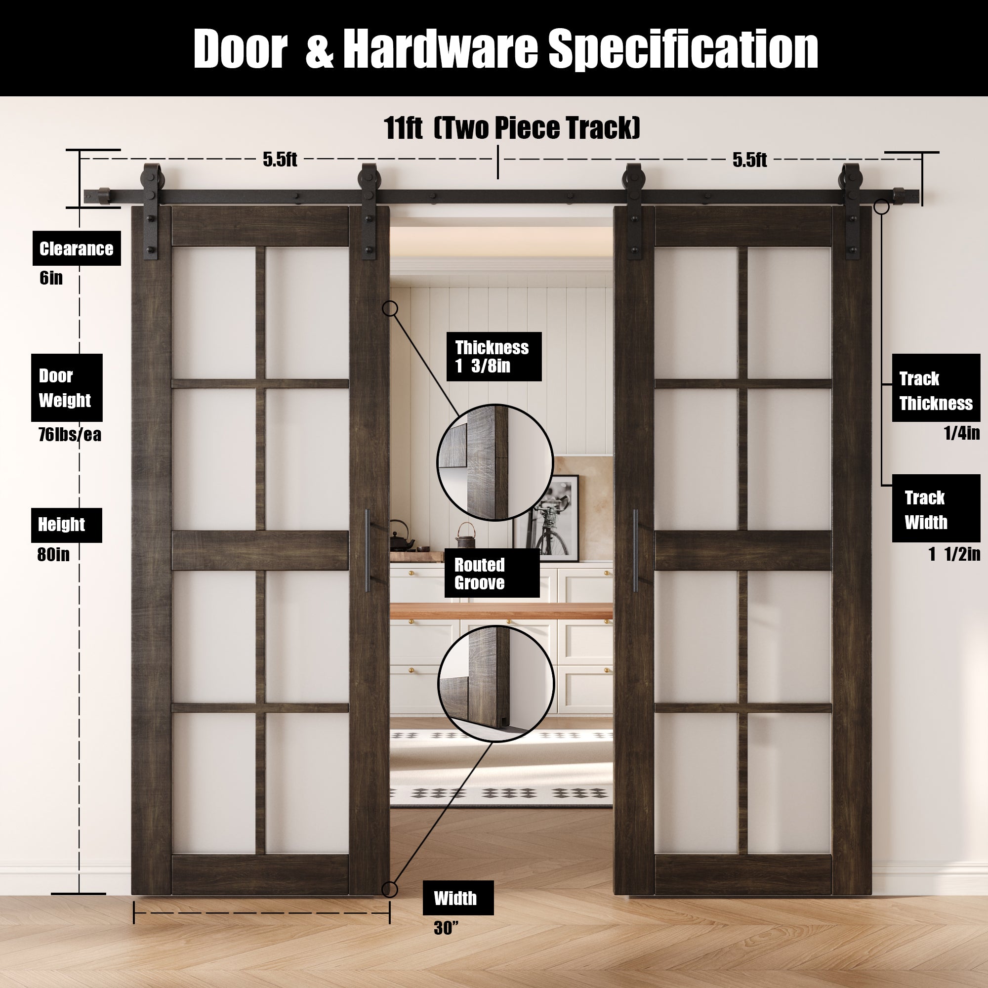 80" Height Ebony 8-Lite Frosted Glass Double Unassembled & Finished Pine Wood Barn Doors with Non-Bypass Installation Hardware Kit (Interior Use Only)