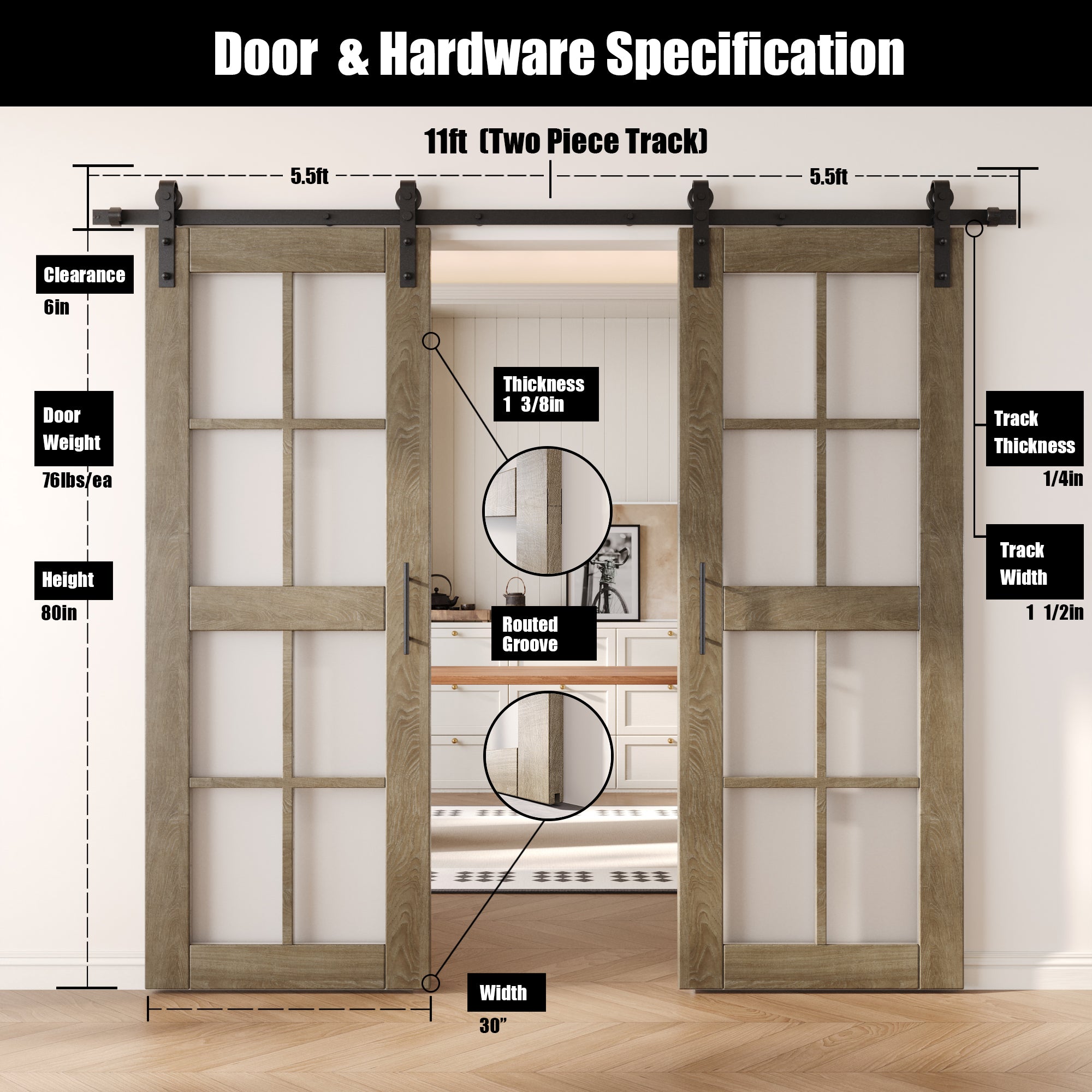 80" Height Classic Gray 8-Lite Frosted Glass Double Unassembled & Finished Pine Wood Barn Doors with Non-Bypass Installation Hardware Kit (Interior Use Only)