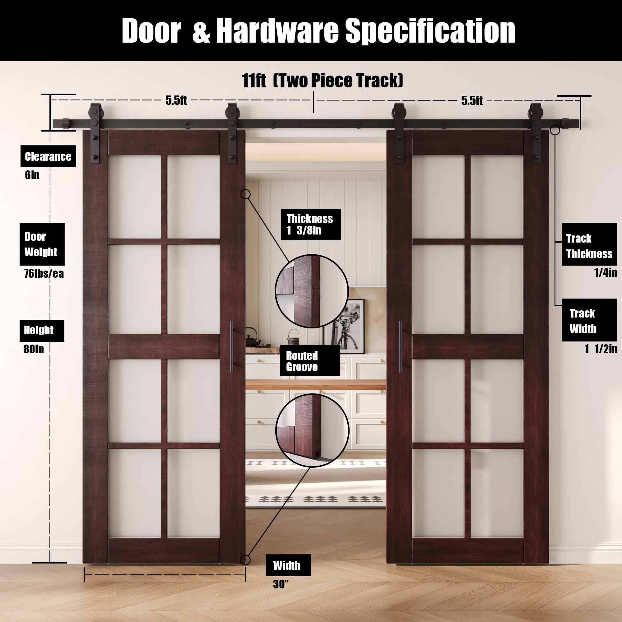 80" Height Red Mahogany 8-Lite Frosted Glass Double Unassembled & Finished Pine Wood Barn Doors with Non-Bypass Installation Hardware Kit (Interior Use Only)