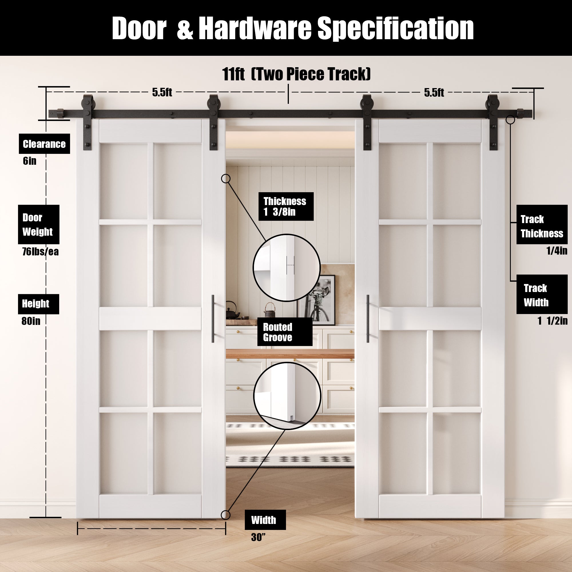 80" Height White 8-Lite Frosted Glass Double Unassembled & Finished Pine Wood Barn Doors with Non-Bypass Installation Hardware Kit (Interior Use Only)