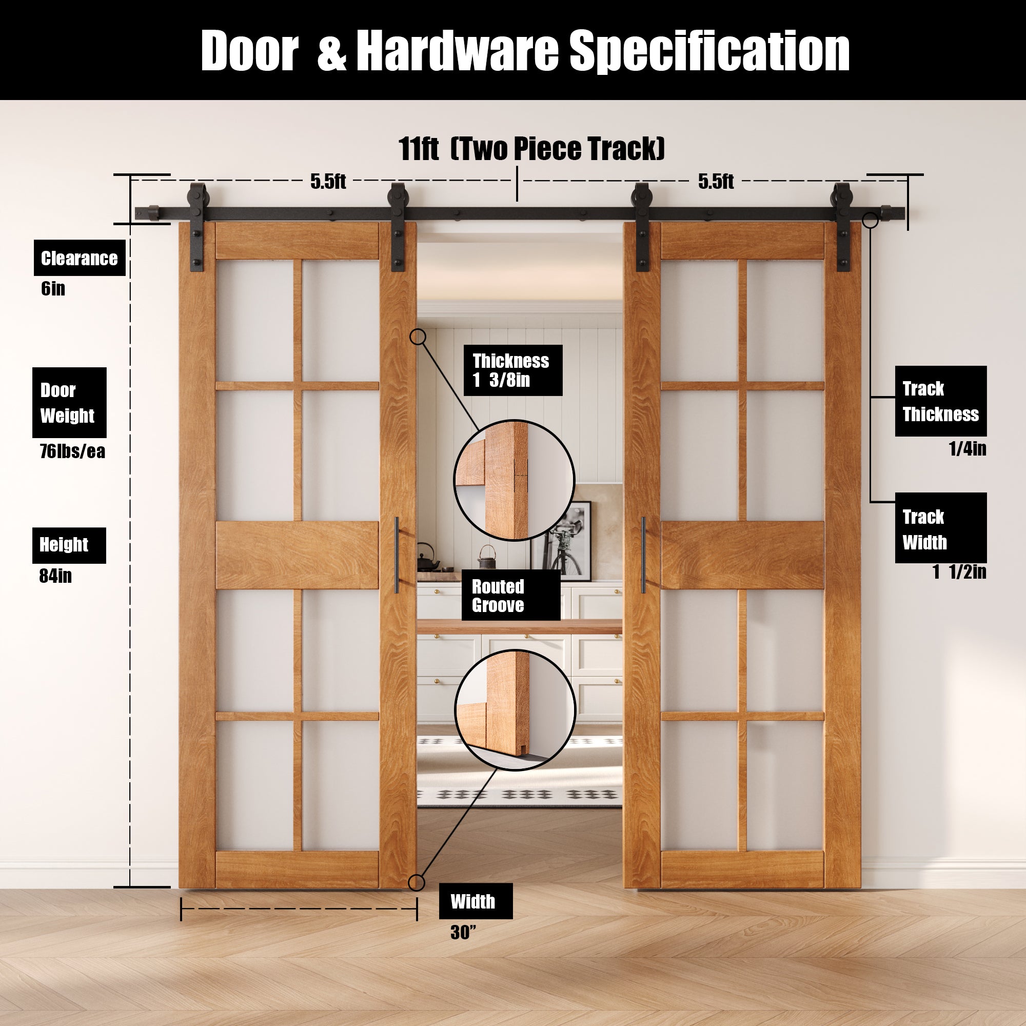 84" Height Early American 8-Lite Frosted Glass Double Unassembled & Finished Pine Wood Barn Doors with Non-Bypass Installation Hardware Kit (Interior Use Only)