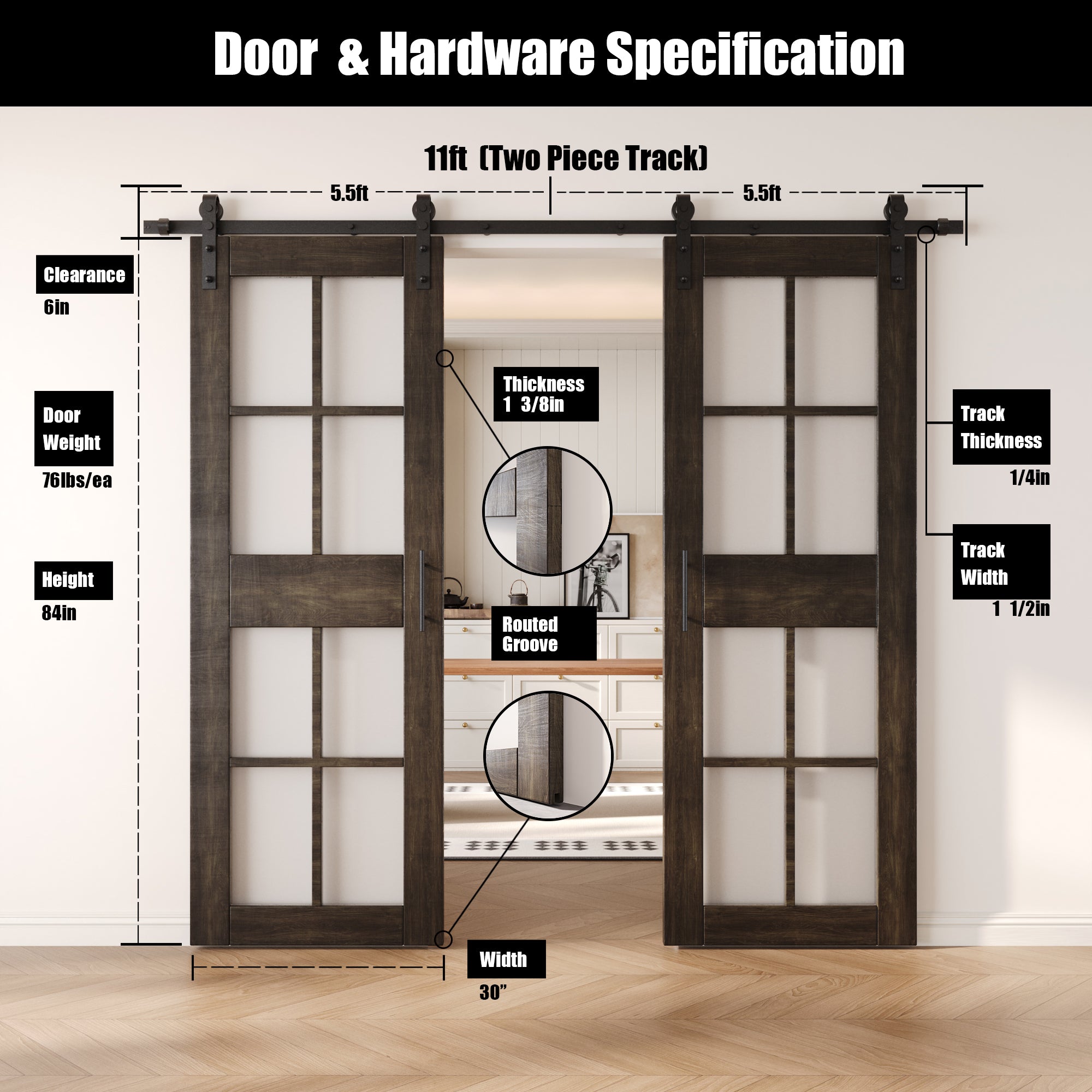 84" Height Ebony 8-Lite Frosted Glass Double Unassembled & Finished Pine Wood Barn Doors with Non-Bypass Installation Hardware Kit (Interior Use Only)