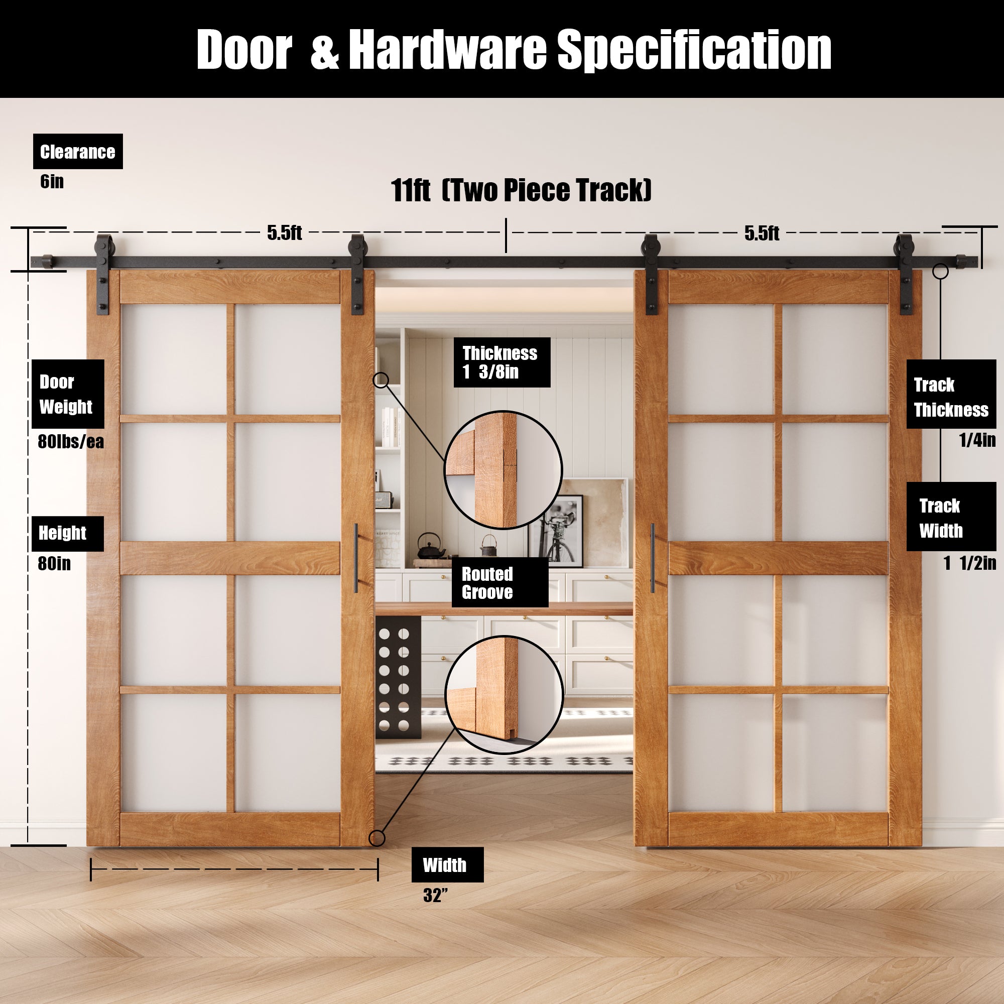 80" Height Early American 8-Lite Frosted Glass Double Unassembled & Finished Pine Wood Barn Doors with Non-Bypass Installation Hardware Kit (Interior Use Only)
