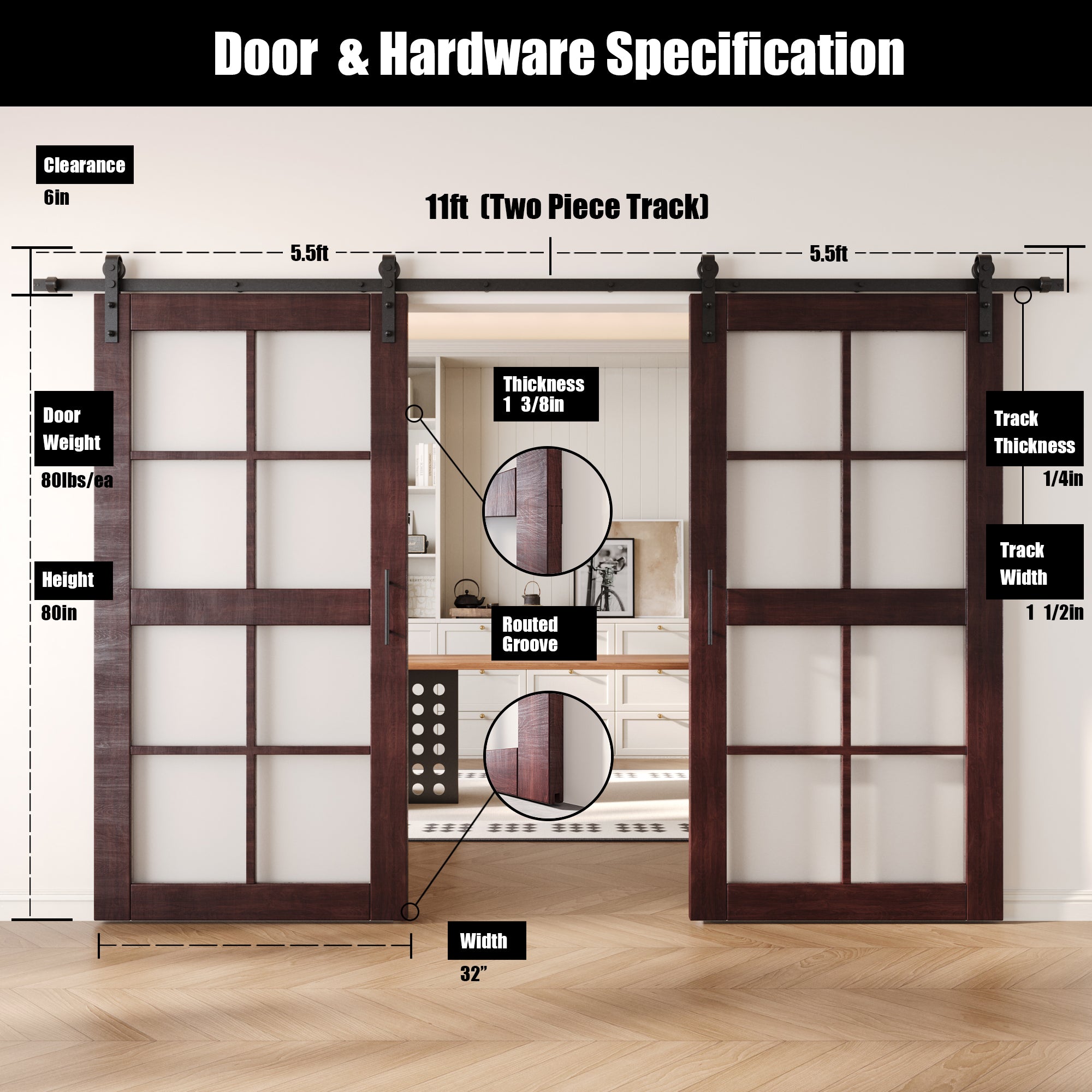 80" Height Red Mahogany 8-Lite Frosted Glass Double Unassembled & Finished Pine Wood Barn Doors with Non-Bypass Installation Hardware Kit (Interior Use Only)