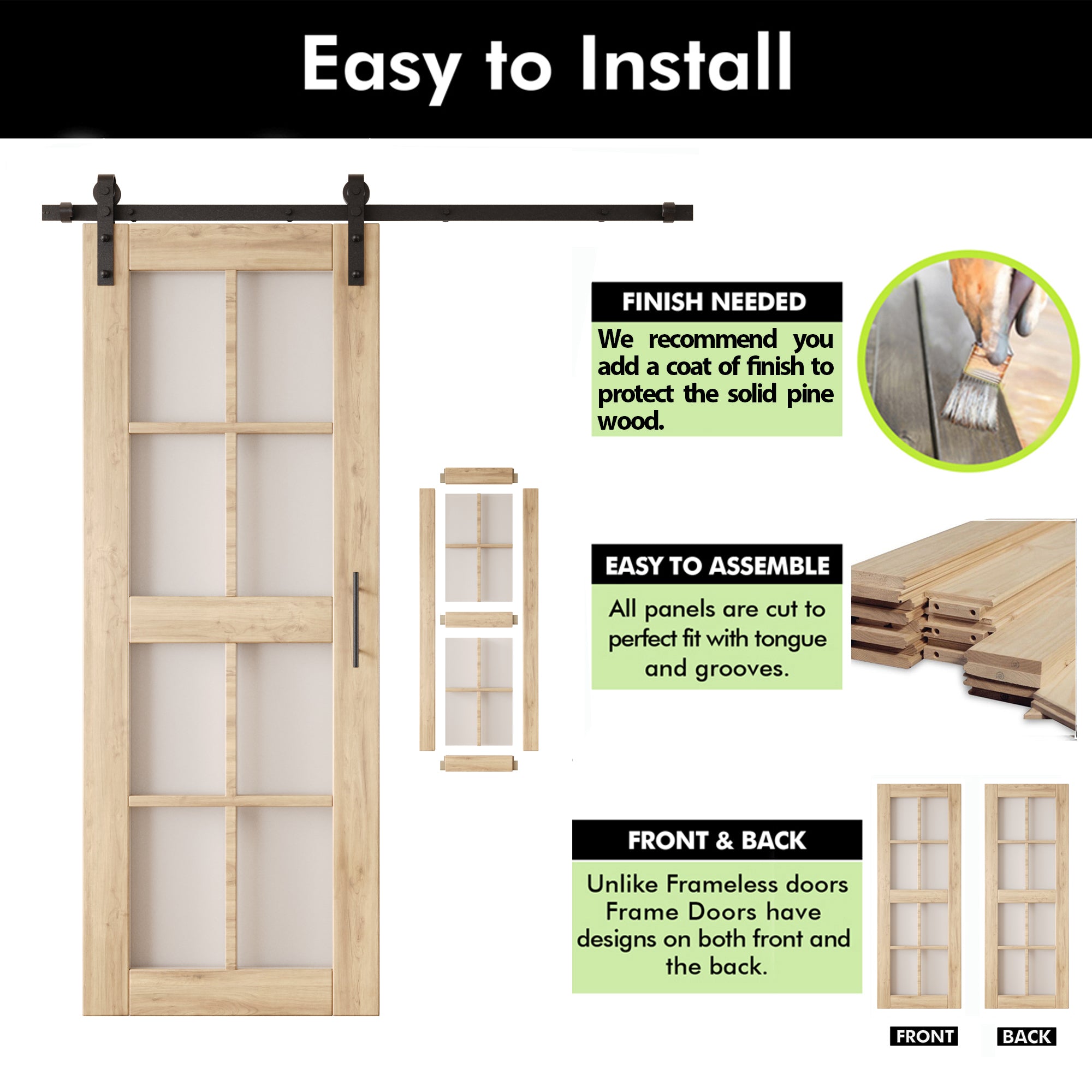 80" Height 8-Lite Frosted Glass Double Unassembled & Unfinished Pine Wood Barn Doors with Non-Bypass Installation Hardware Kit (Interior Use Only)