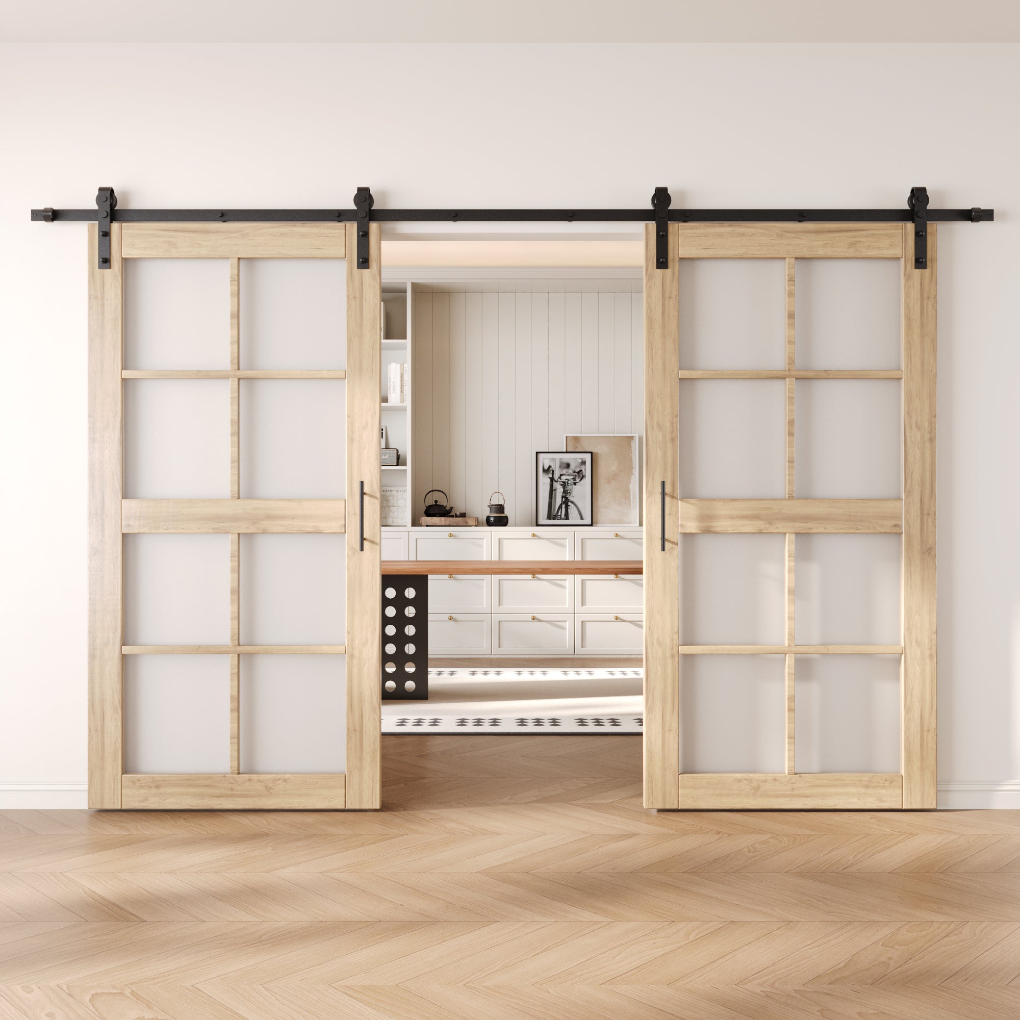 80" Height 8-Lite Frosted Glass Double Unassembled & Unfinished Pine Wood Barn Doors with Non-Bypass Installation Hardware Kit (Interior Use Only)