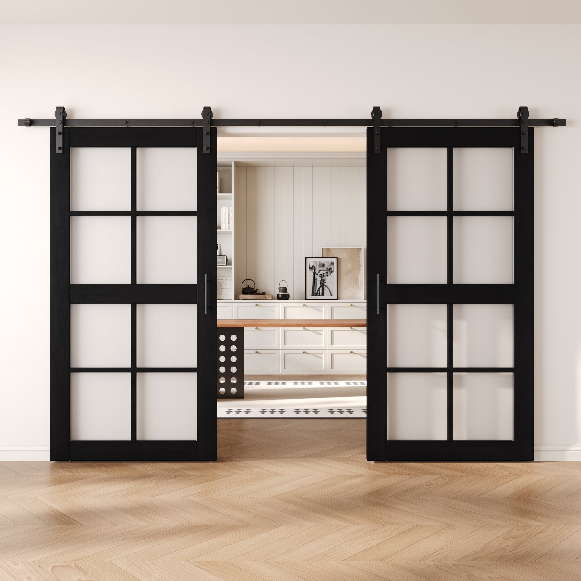 80" Height Black 8-Lite Frosted Glass Double Unassembled & Finished Pine Wood Barn Doors with Non-Bypass Installation Hardware Kit (Interior Use Only)
