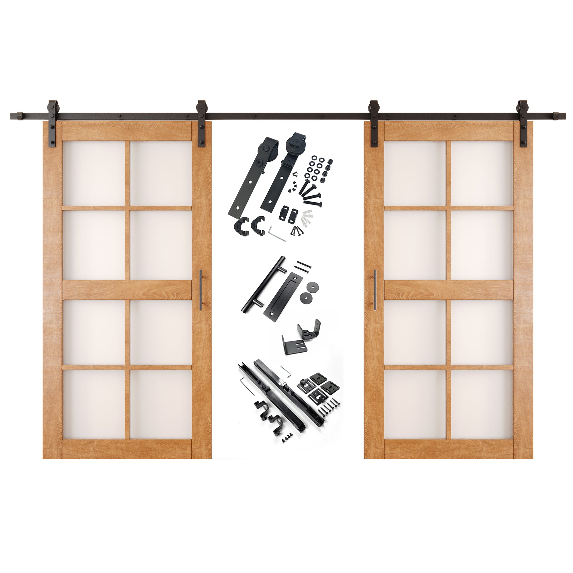 80" Height Early American 8-Lite Frosted Glass Double Unassembled & Finished Pine Wood Barn Doors with Non-Bypass Installation Hardware Kit (Interior Use Only)