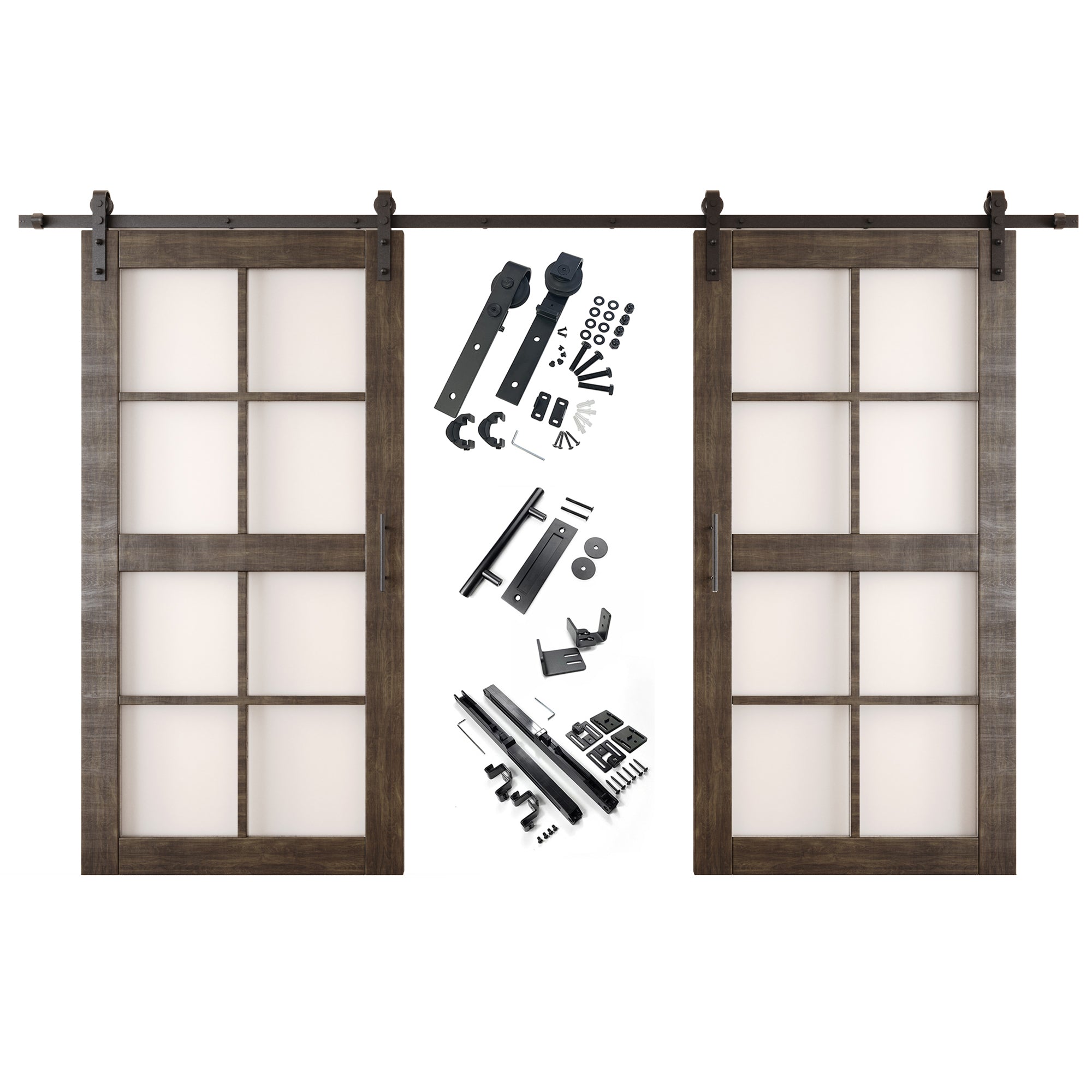 80" Height Ebony 8-Lite Frosted Glass Double Unassembled & Finished Pine Wood Barn Doors with Non-Bypass Installation Hardware Kit (Interior Use Only)