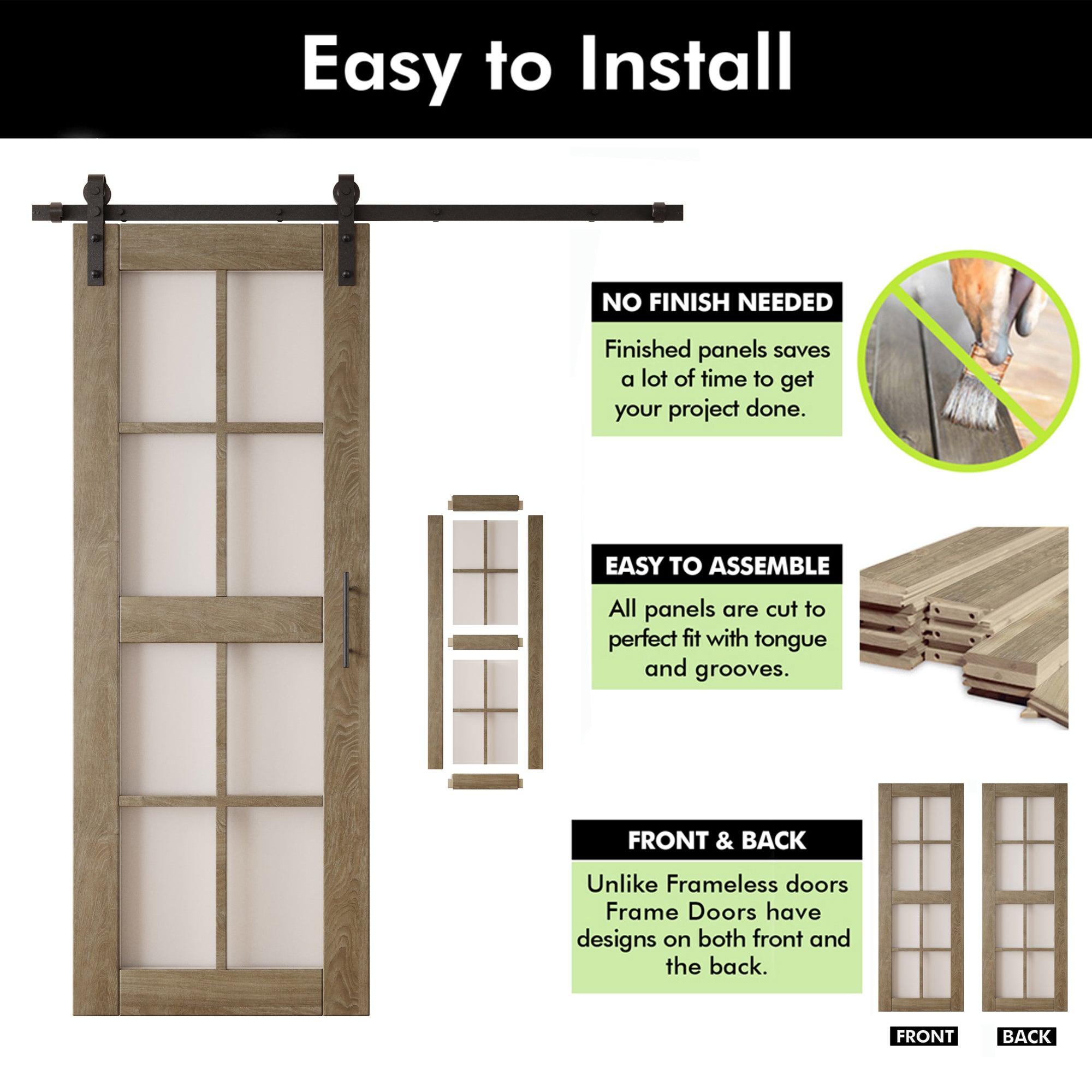 80" Height Classic Gray 8-Lite Frosted Glass Double Unassembled & Finished Pine Wood Barn Doors with Non-Bypass Installation Hardware Kit (Interior Use Only)