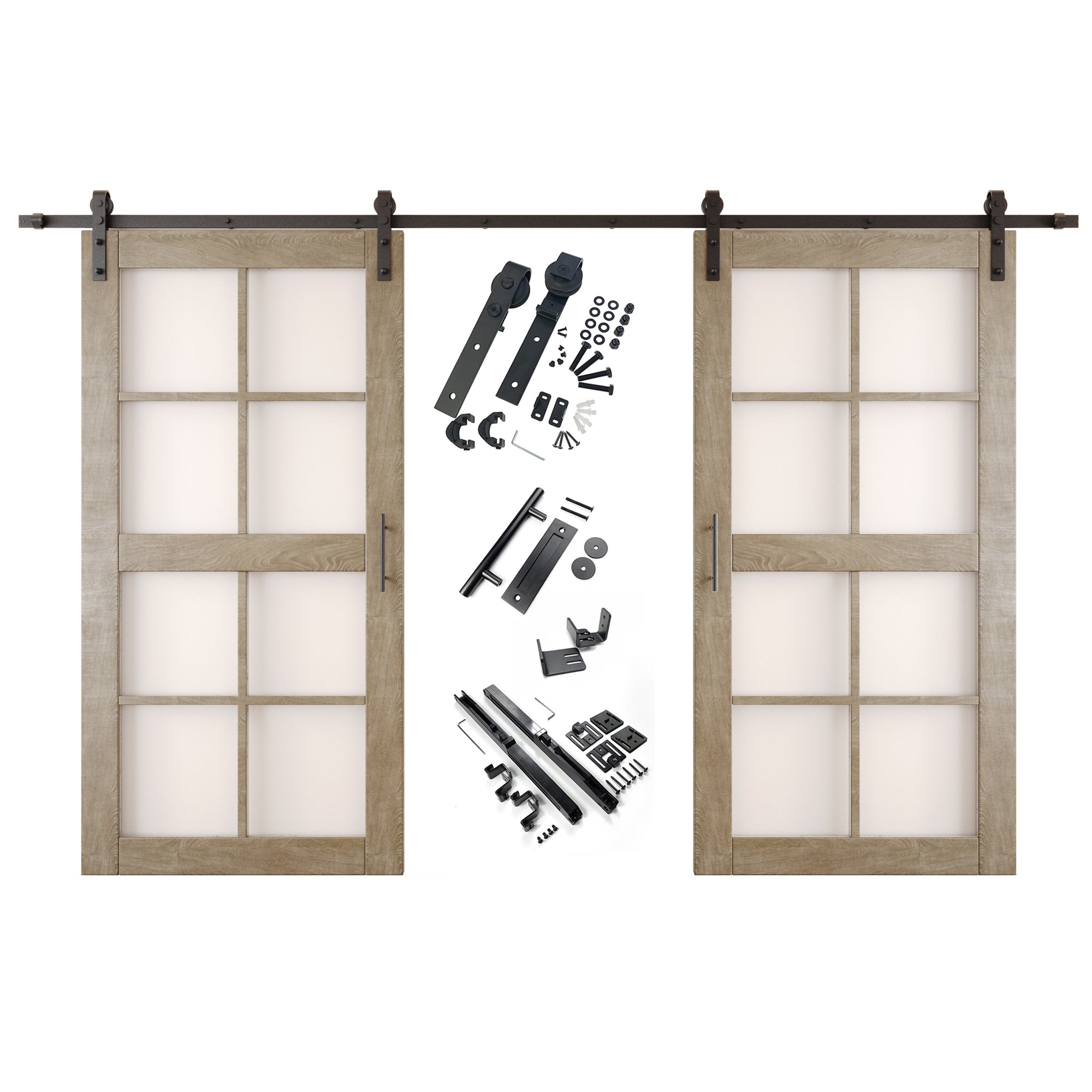 80" Height Classic Gray 8-Lite Frosted Glass Double Unassembled & Finished Pine Wood Barn Doors with Non-Bypass Installation Hardware Kit (Interior Use Only)