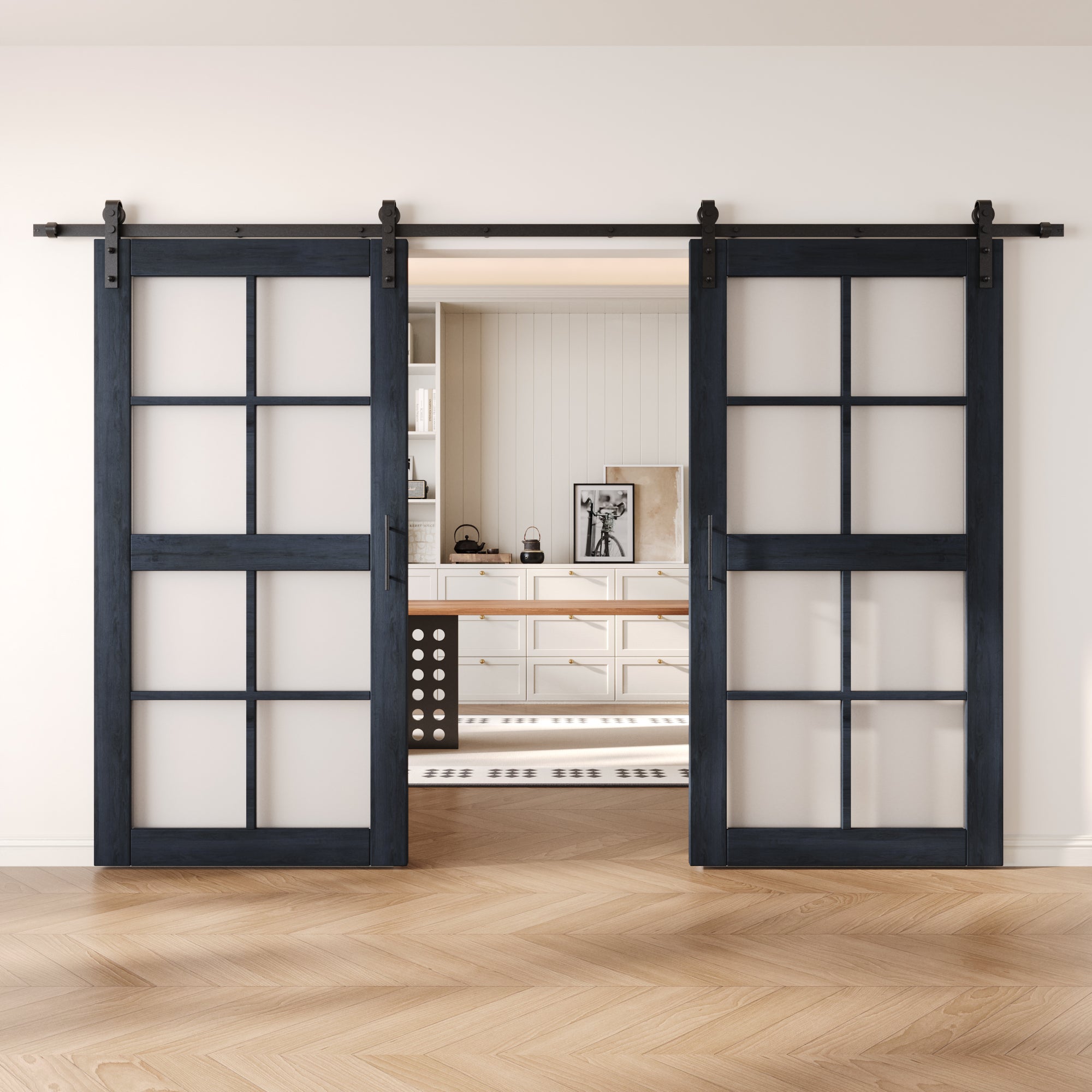 80" Height Navy 8-Lite Frosted Glass Double Unassembled & Finished Pine Wood Barn Doors with Non-Bypass Installation Hardware Kit (Interior Use Only)