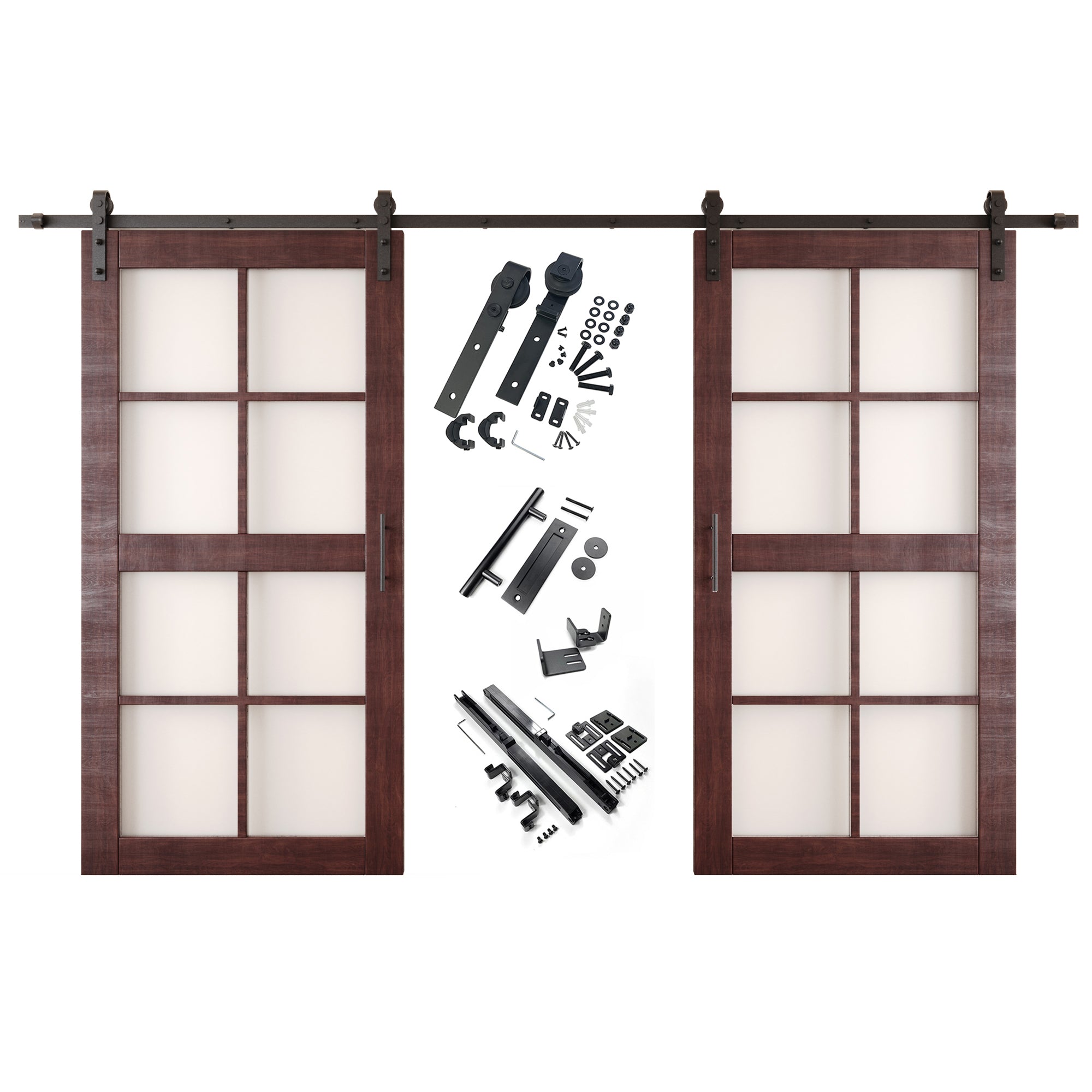 80" Height Red Mahogany 8-Lite Frosted Glass Double Unassembled & Finished Pine Wood Barn Doors with Non-Bypass Installation Hardware Kit (Interior Use Only)