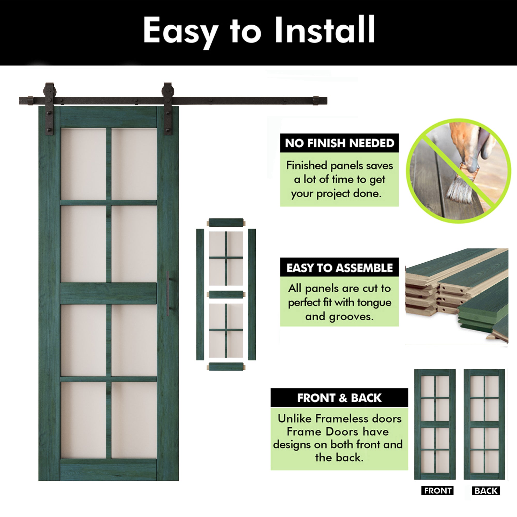 80" Height Royal Pine 8-Lite Frosted Glass Double Unassembled & Finished Pine Wood Barn Doors with Non-Bypass Installation Hardware Kit (Interior Use Only)