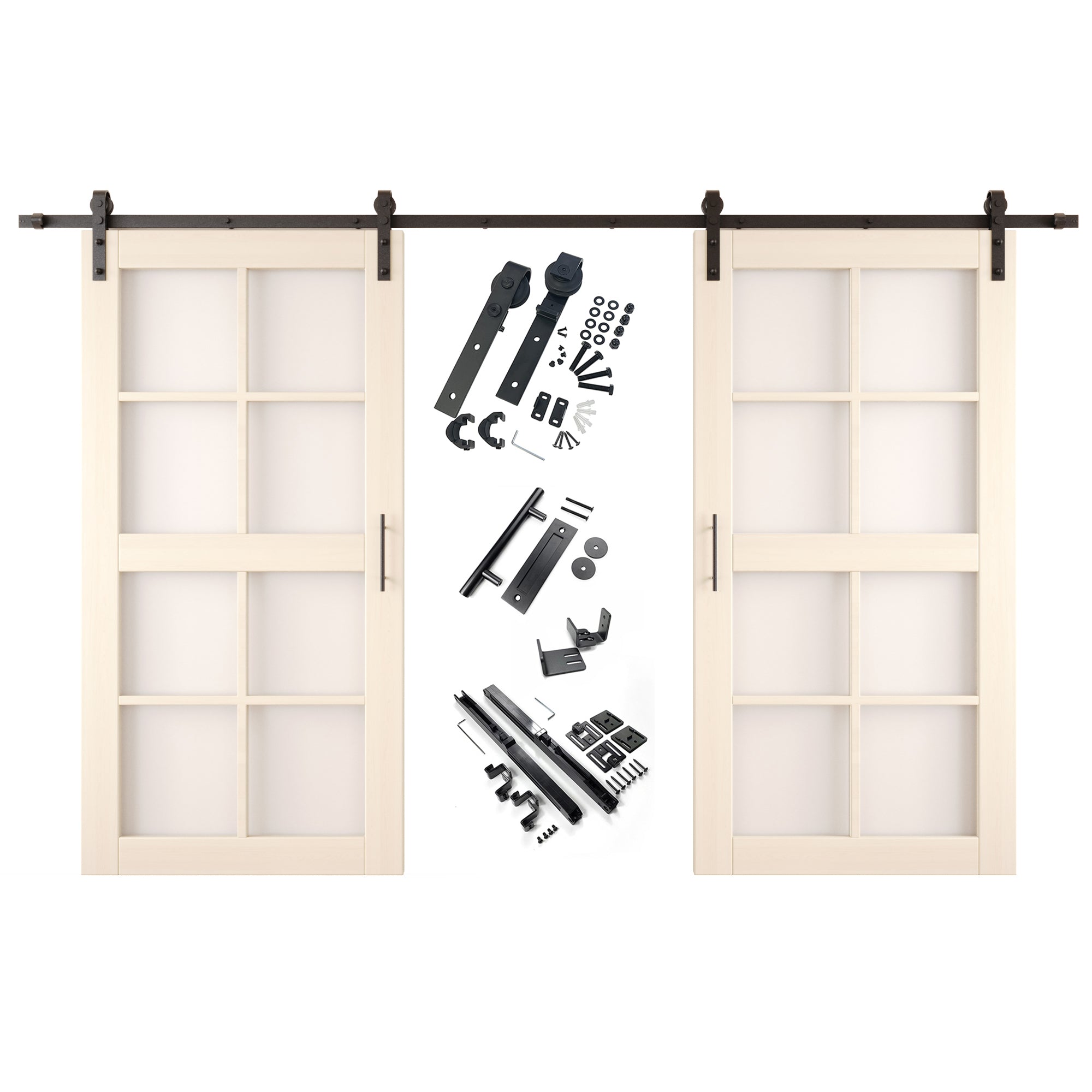 80" Height Tinsmith Gray 8-Lite Frosted Glass Double Unassembled & Finished Pine Wood Barn Doors with Non-Bypass Installation Hardware Kit (Interior Use Only)