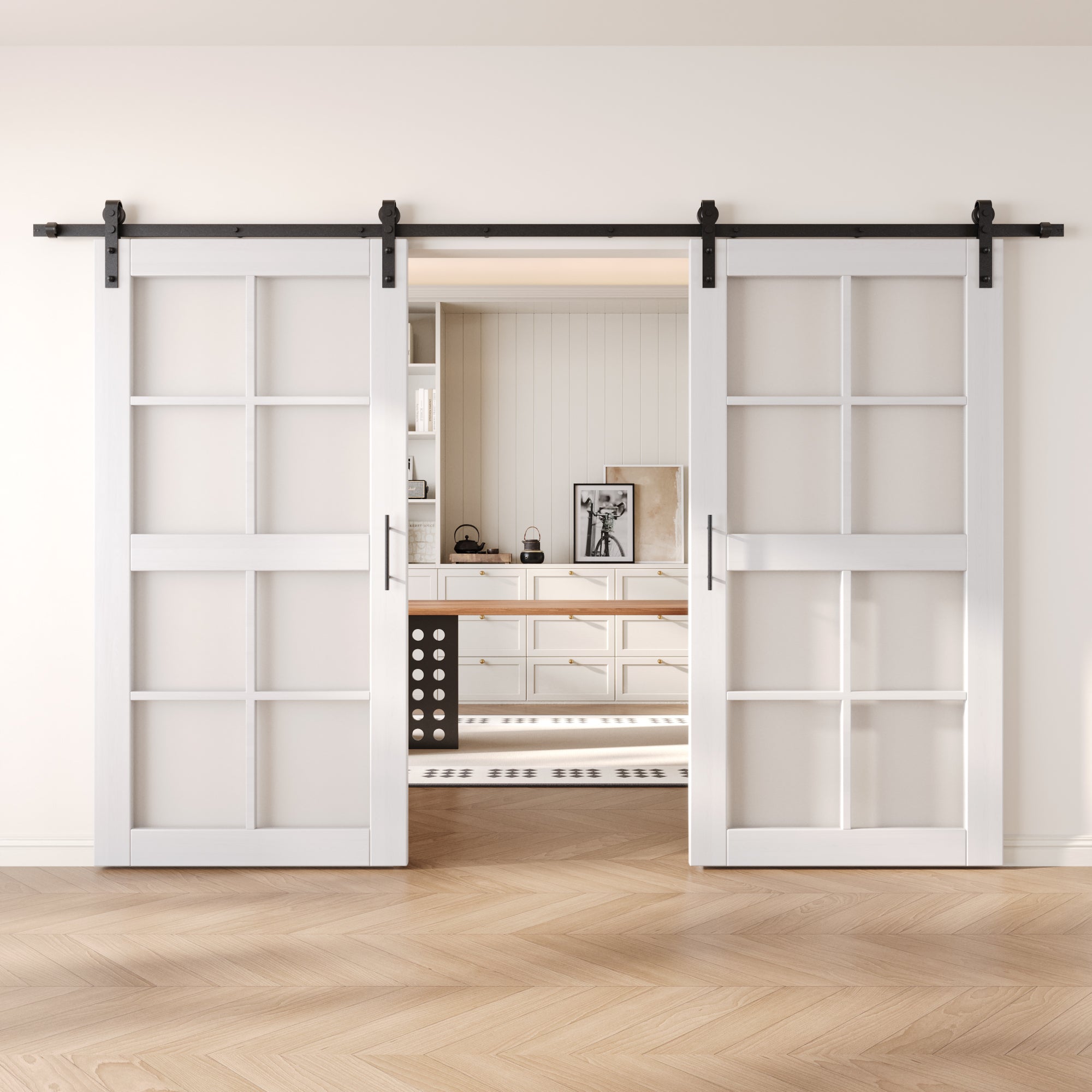 80" Height White 8-Lite Frosted Glass Double Unassembled & Finished Pine Wood Barn Doors with Non-Bypass Installation Hardware Kit (Interior Use Only)