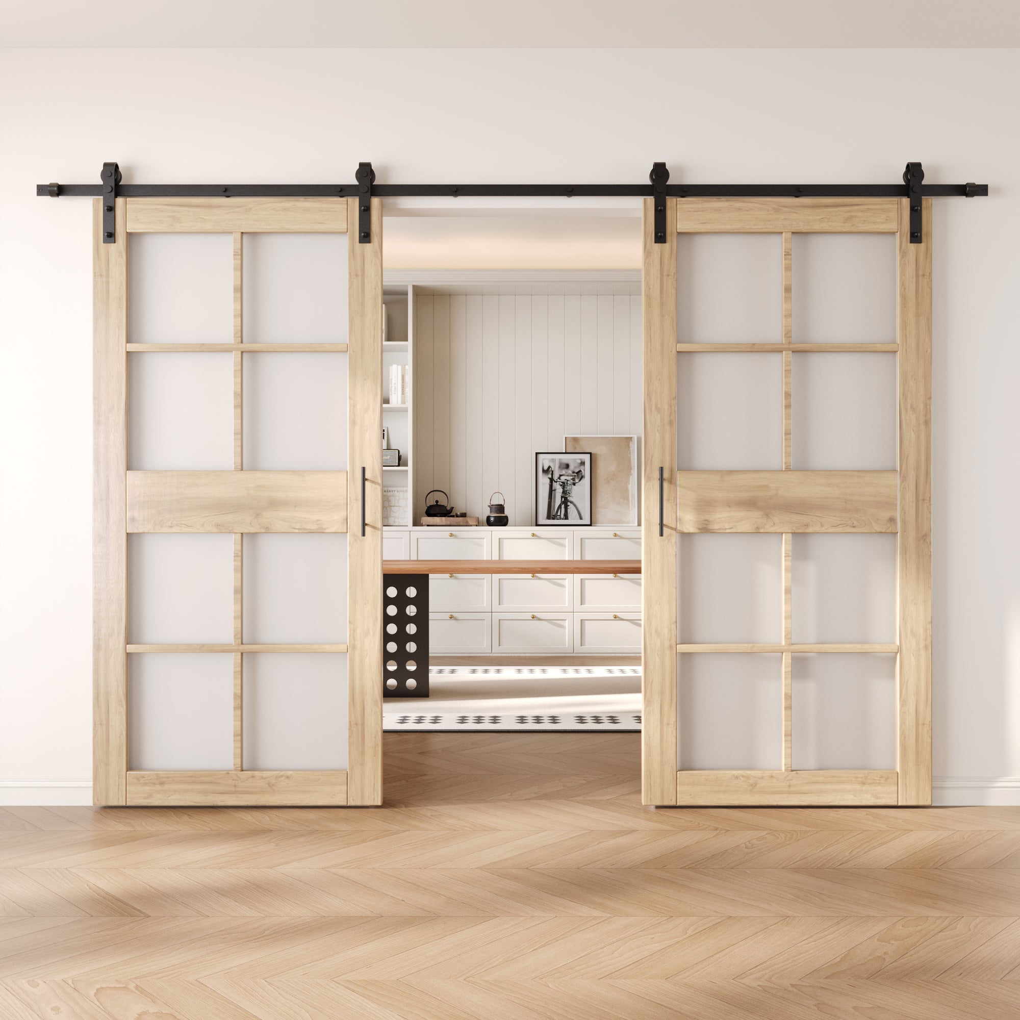 84" Height 8-Lite Frosted Glass Double Unassembled & Unfinished Pine Wood Barn Doors with Non-Bypass Installation Hardware Kit (Interior Use Only)