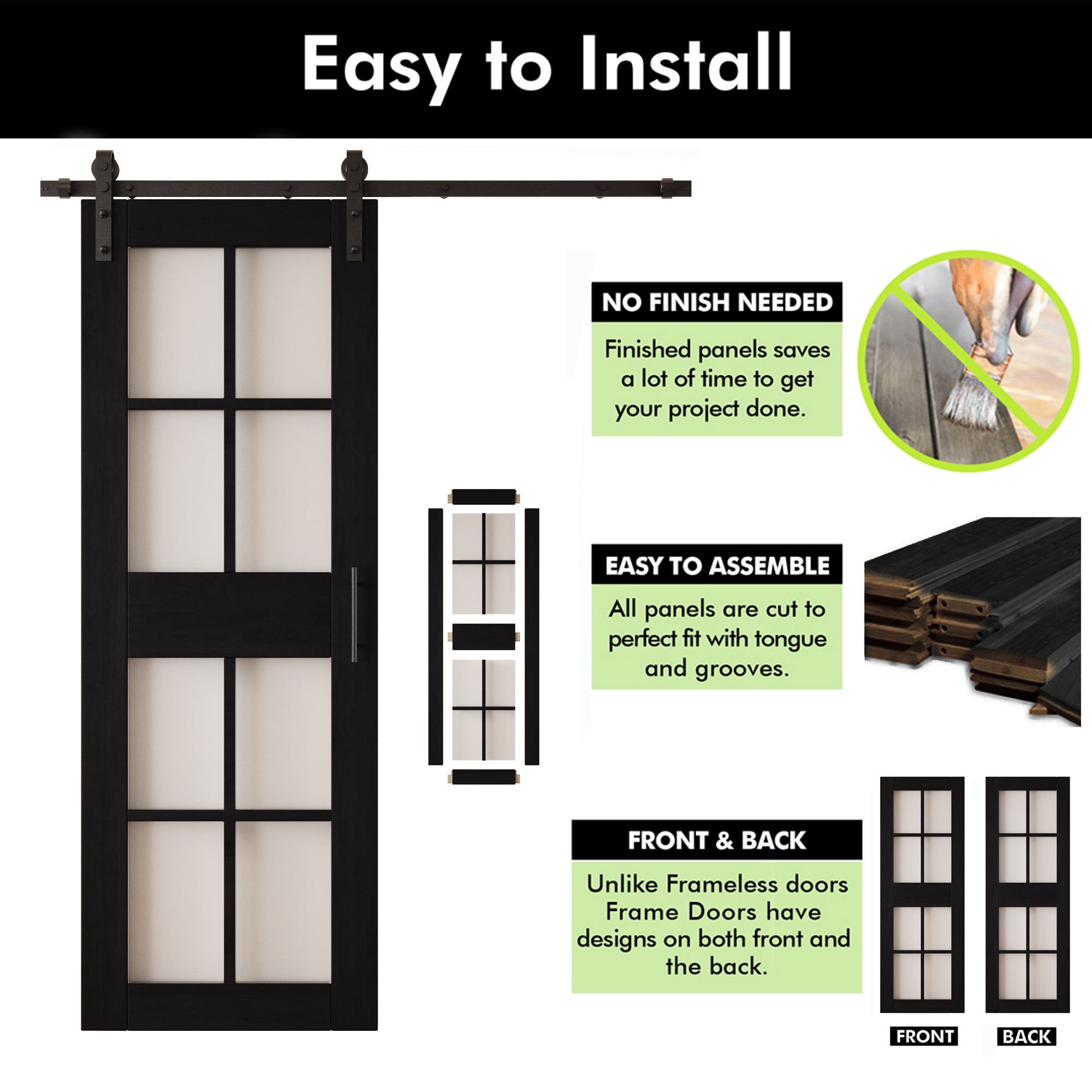 84" Height Black 8-Lite Frosted Glass Double Unassembled & Finished Pine Wood Barn Doors with Non-Bypass Installation Hardware Kit (Interior Use Only)