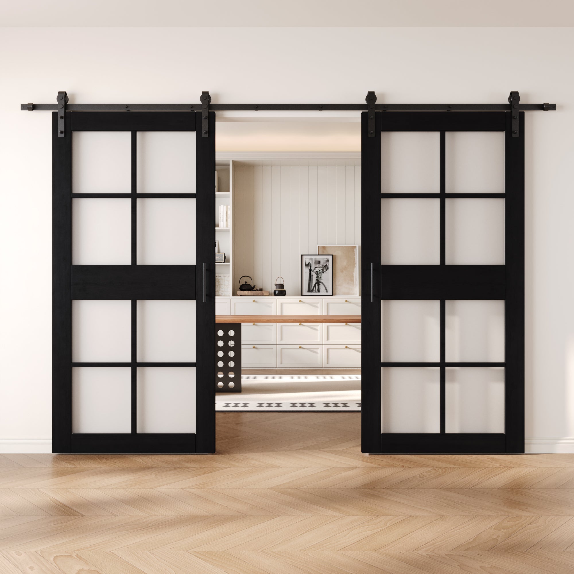 84" Height Black 8-Lite Frosted Glass Double Unassembled & Finished Pine Wood Barn Doors with Non-Bypass Installation Hardware Kit (Interior Use Only)