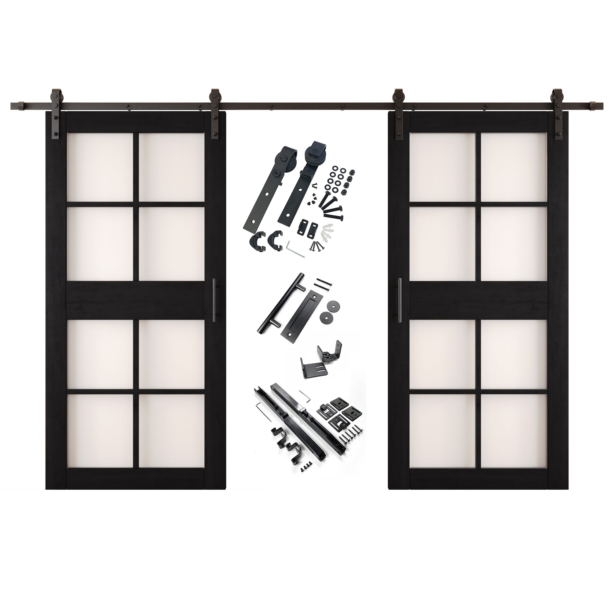 84" Height Black 8-Lite Frosted Glass Double Unassembled & Finished Pine Wood Barn Doors with Non-Bypass Installation Hardware Kit (Interior Use Only)