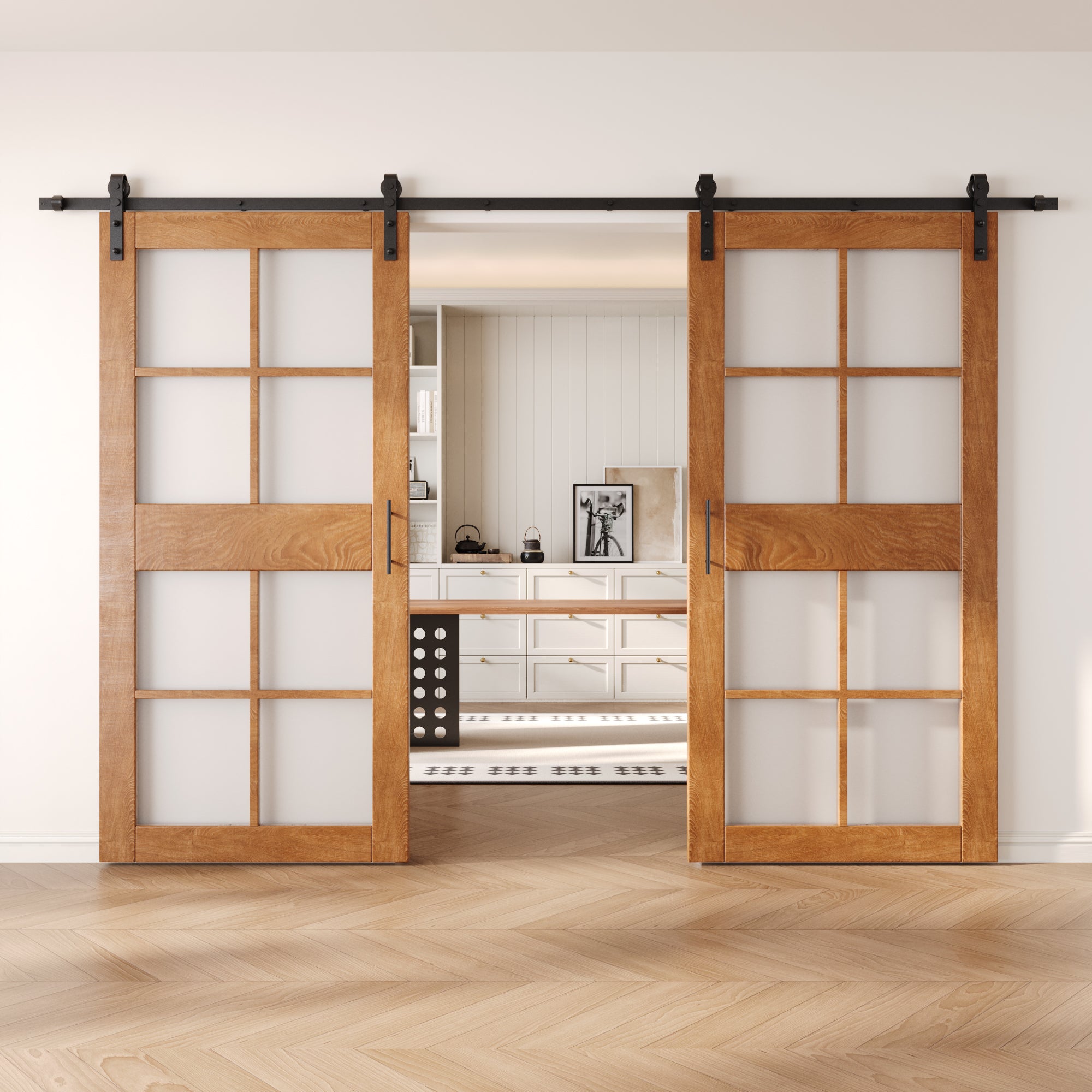 84" Height Early American 8-Lite Frosted Glass Double Unassembled & Finished Pine Wood Barn Doors with Non-Bypass Installation Hardware Kit (Interior Use Only)