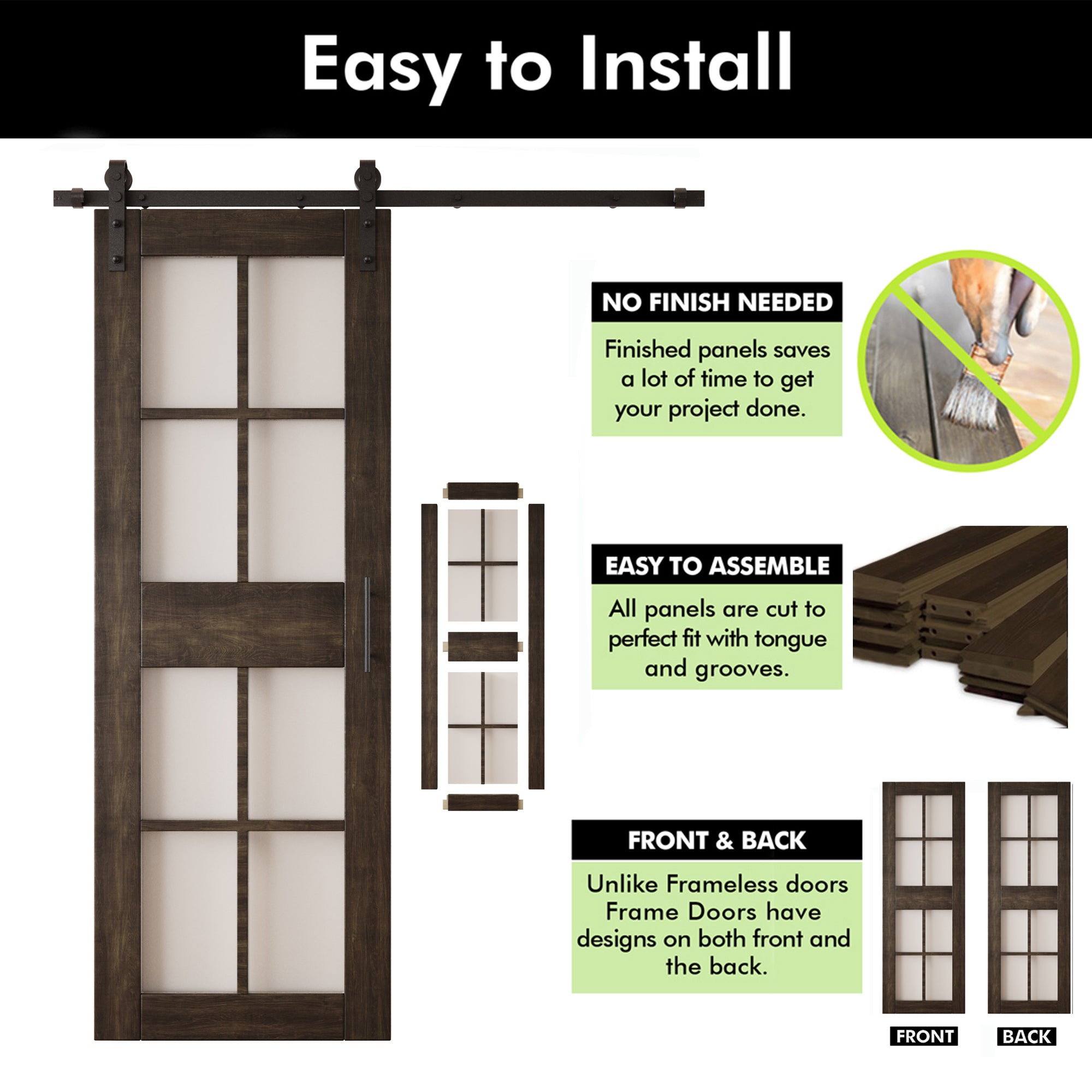 84" Height Ebony 8-Lite Frosted Glass Double Unassembled & Finished Pine Wood Barn Doors with Non-Bypass Installation Hardware Kit (Interior Use Only)