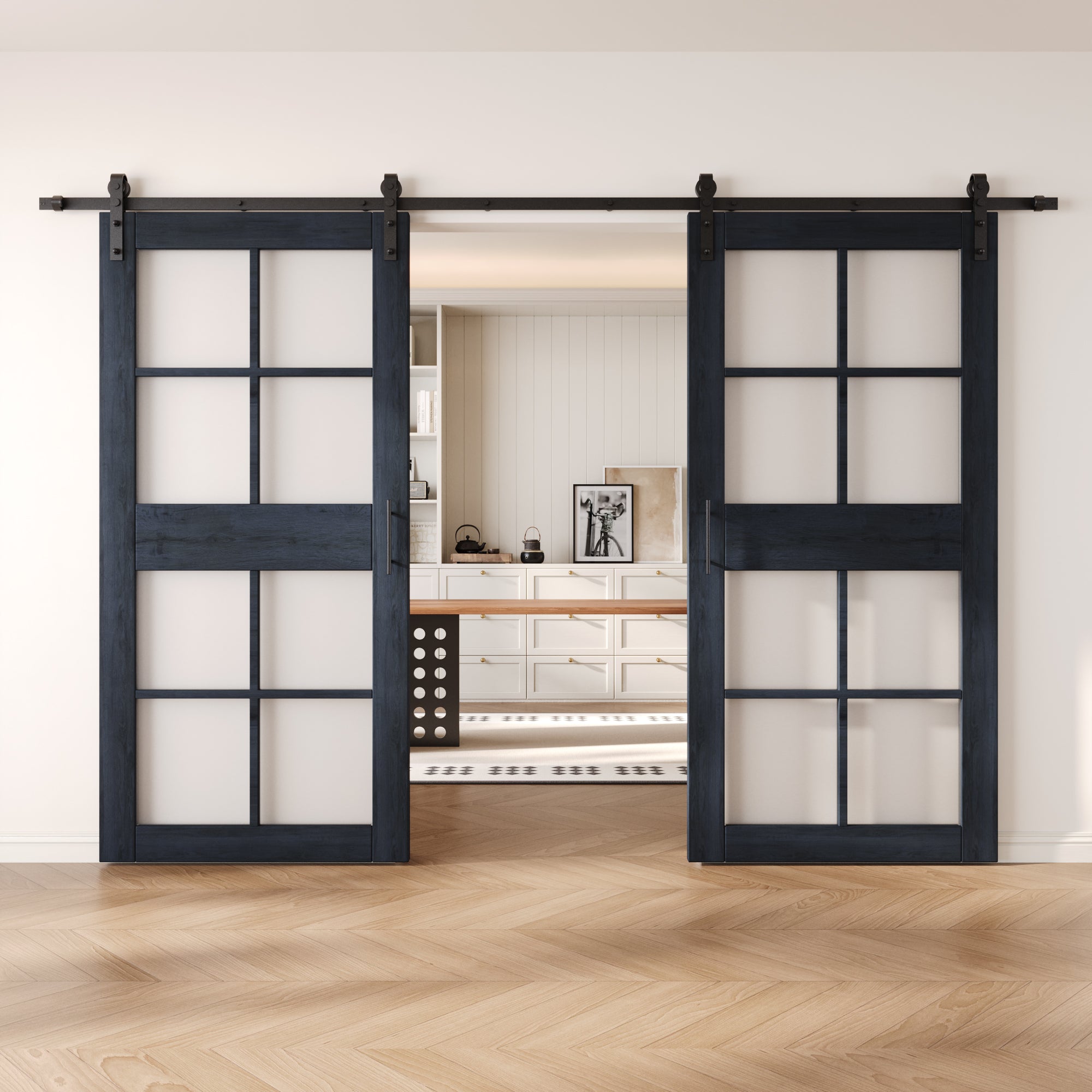 84" Height Navy 8-Lite Frosted Glass Double Unassembled & Finished Pine Wood Barn Doors with Non-Bypass Installation Hardware Kit (Interior Use Only)