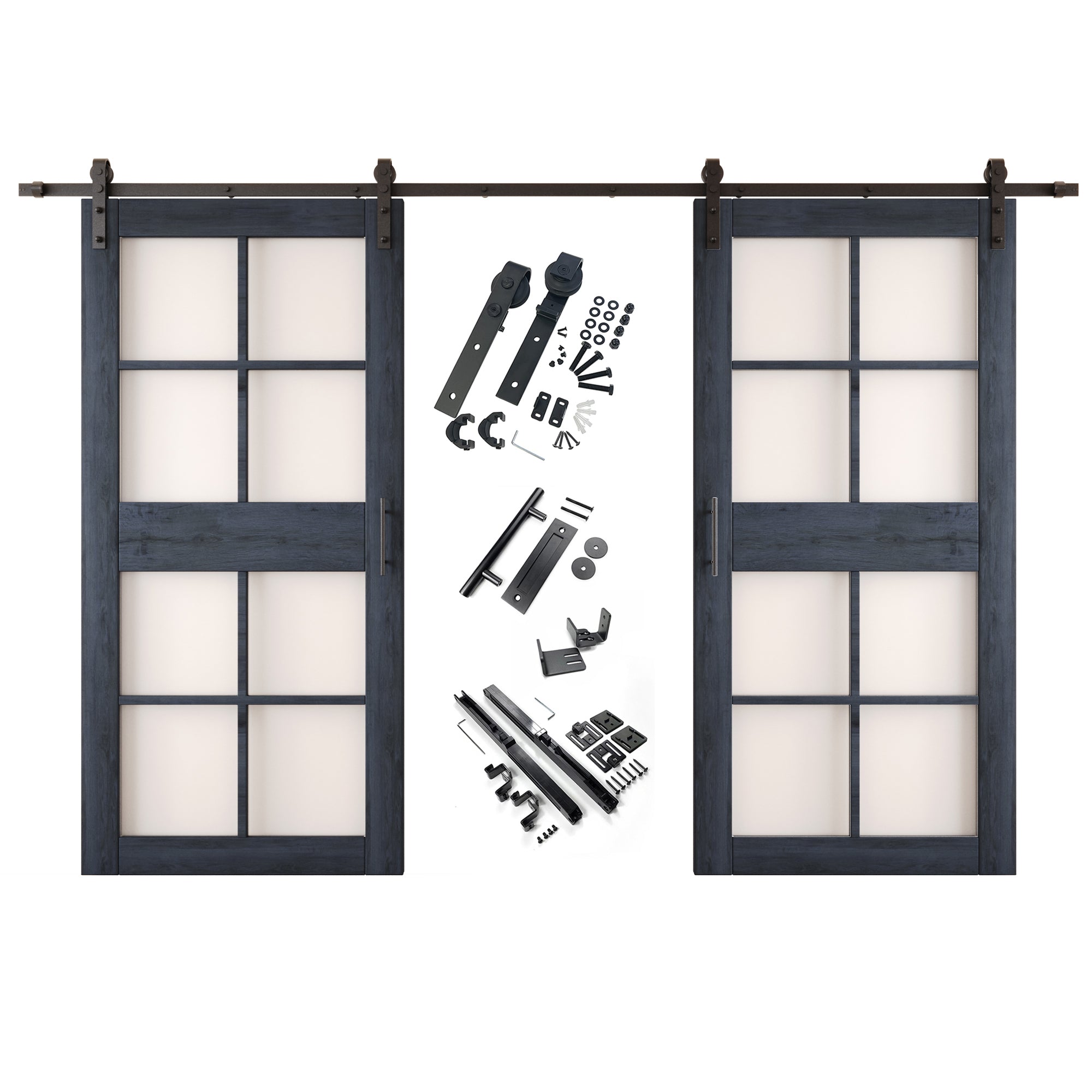 84" Height Navy 8-Lite Frosted Glass Double Unassembled & Finished Pine Wood Barn Doors with Non-Bypass Installation Hardware Kit (Interior Use Only)