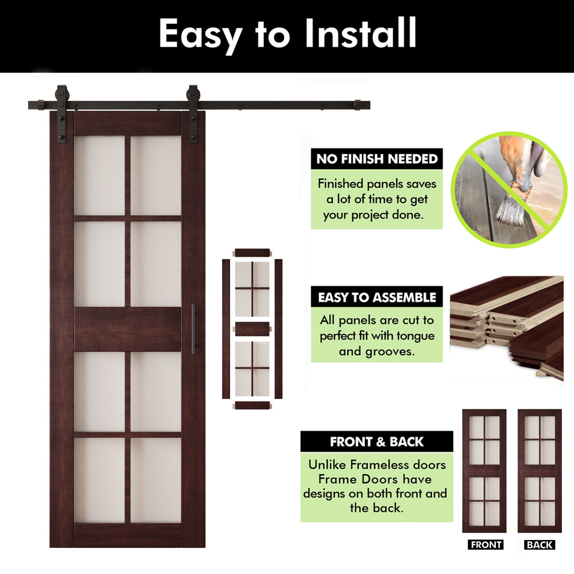 84" Height Red Mahogany 8-Lite Frosted Glass Double Unassembled & Finished Pine Wood Barn Doors with Non-Bypass Installation Hardware Kit (Interior Use Only)