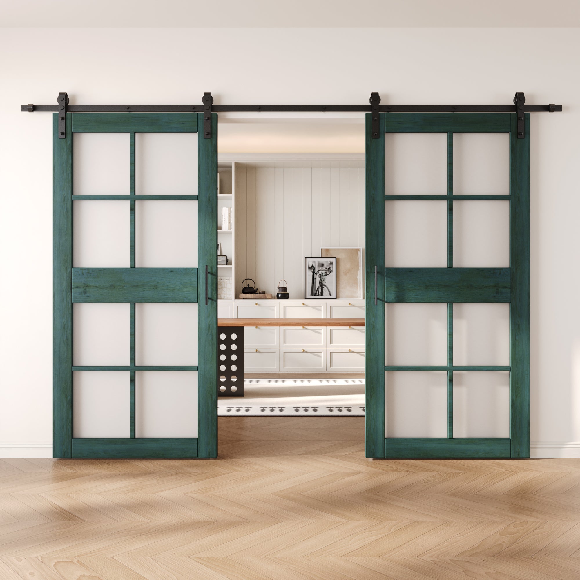 84" Height Royal Pine 8-Lite Frosted Glass Double Unassembled & Finished Pine Wood Barn Doors with Non-Bypass Installation Hardware Kit (Interior Use Only)