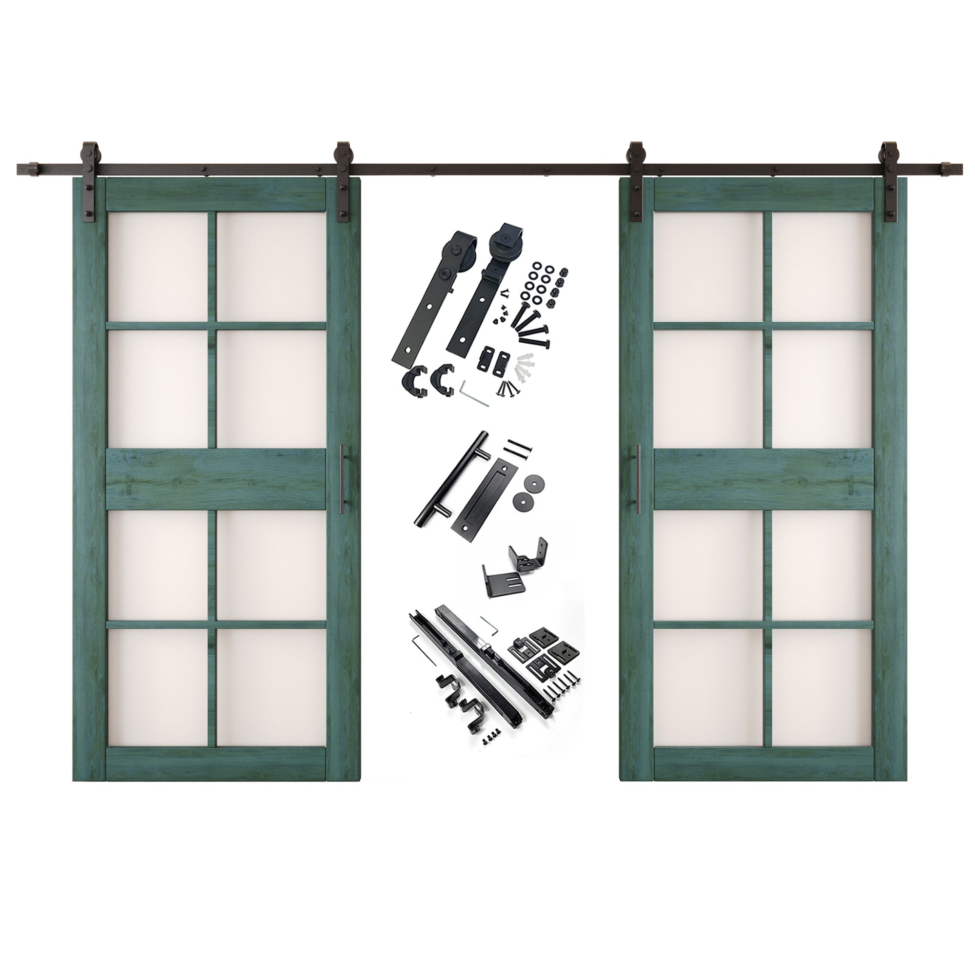 84" Height Royal Pine 8-Lite Frosted Glass Double Unassembled & Finished Pine Wood Barn Doors with Non-Bypass Installation Hardware Kit (Interior Use Only)
