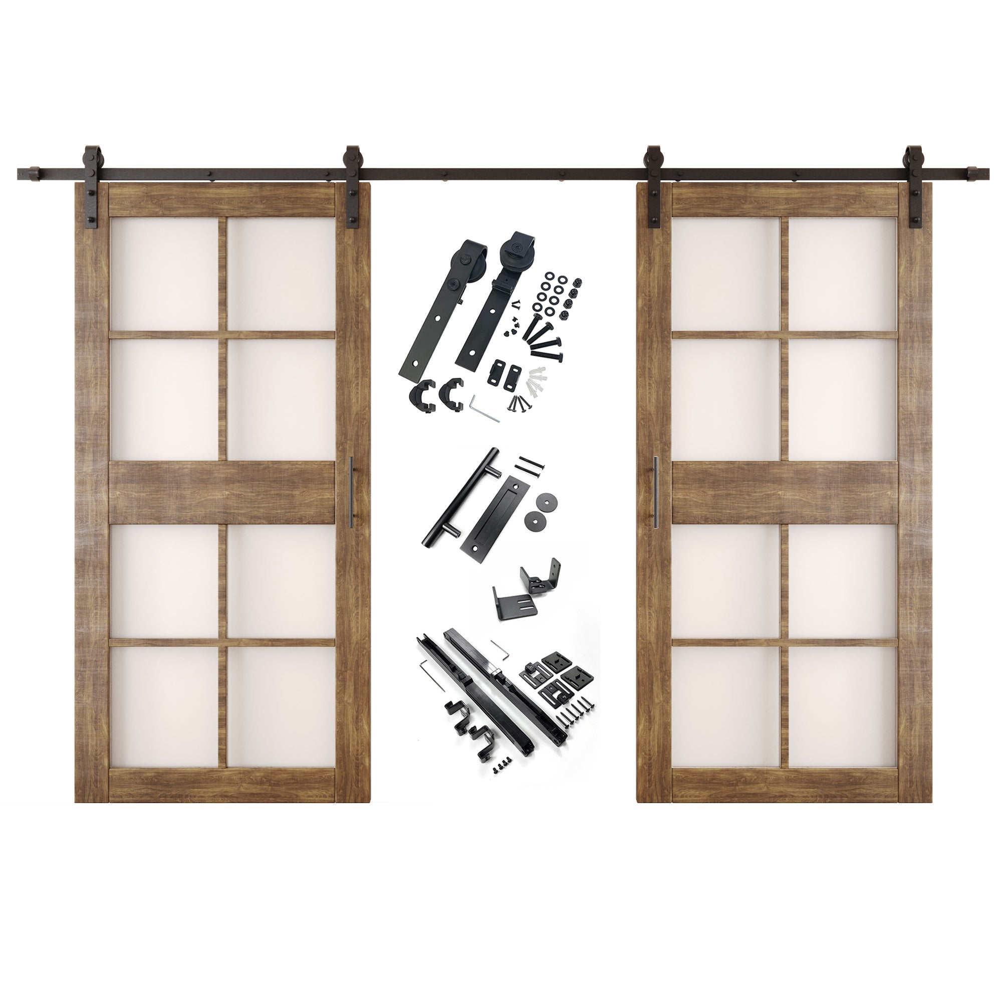 84" Height Dark Walnut 8-Lite Frosted Glass Double Unassembled & Finished Pine Wood Barn Doors with Non-Bypass Installation Hardware Kit (Interior Use Only)