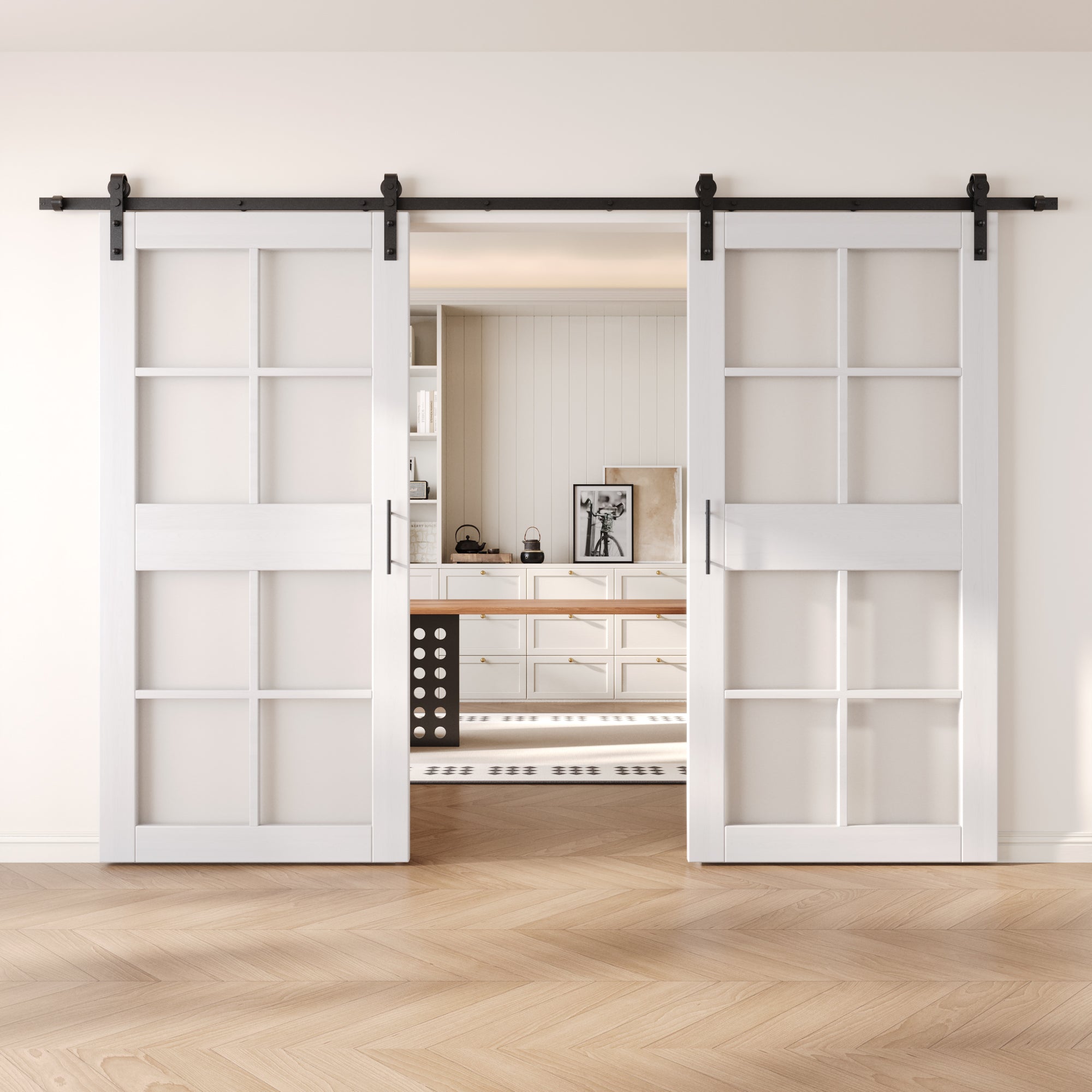 84" Height White 8-Lite Frosted Glass Double Unassembled & Finished Pine Wood Barn Doors with Non-Bypass Installation Hardware Kit (Interior Use Only)