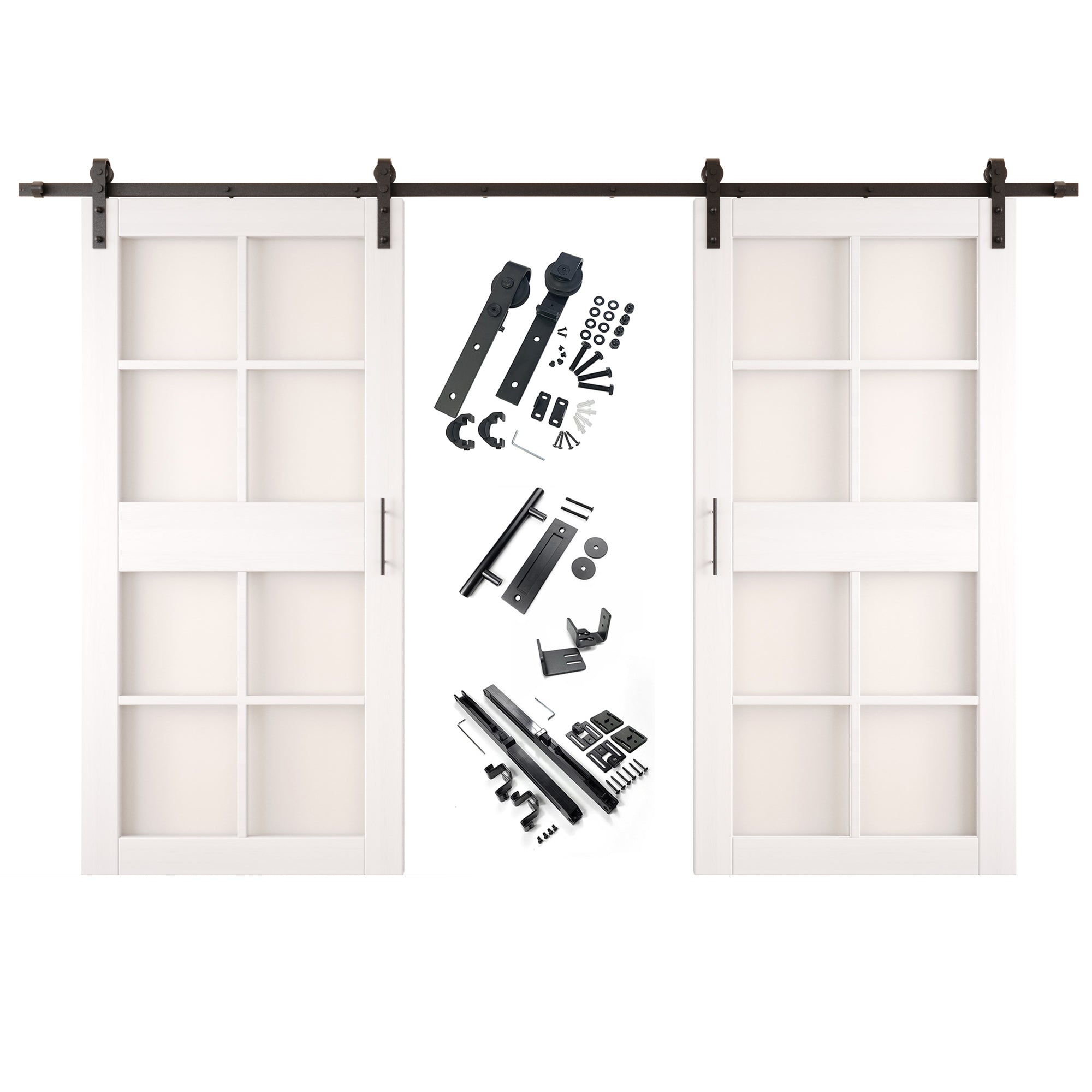 84" Height White 8-Lite Frosted Glass Double Unassembled & Finished Pine Wood Barn Doors with Non-Bypass Installation Hardware Kit (Interior Use Only)