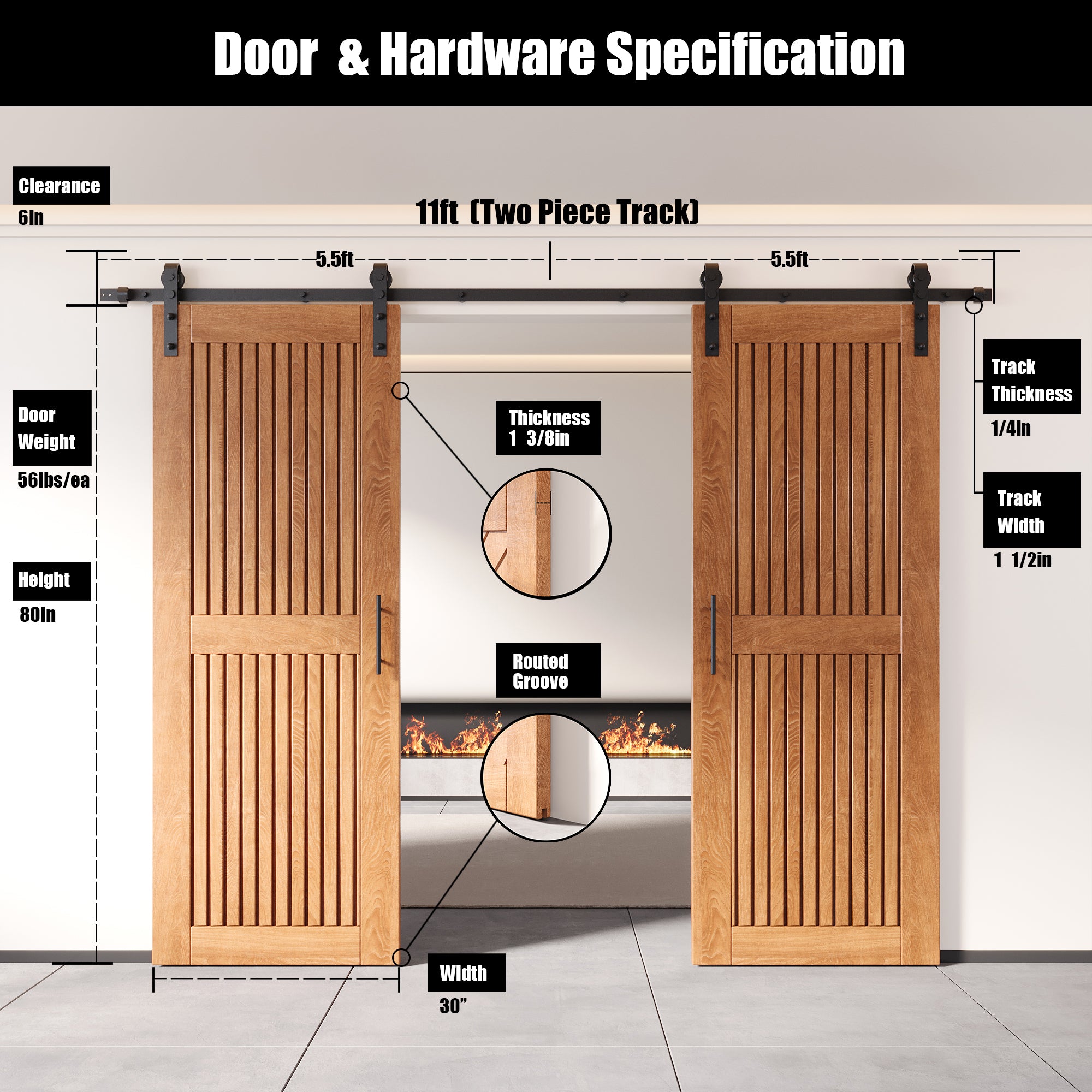 80" Height Early American Vertical Stripe Design Unassembled & Finished Double Pine Wood Barn Door with Non-Bypass Installation Hardware Kit(Interior Use Only)