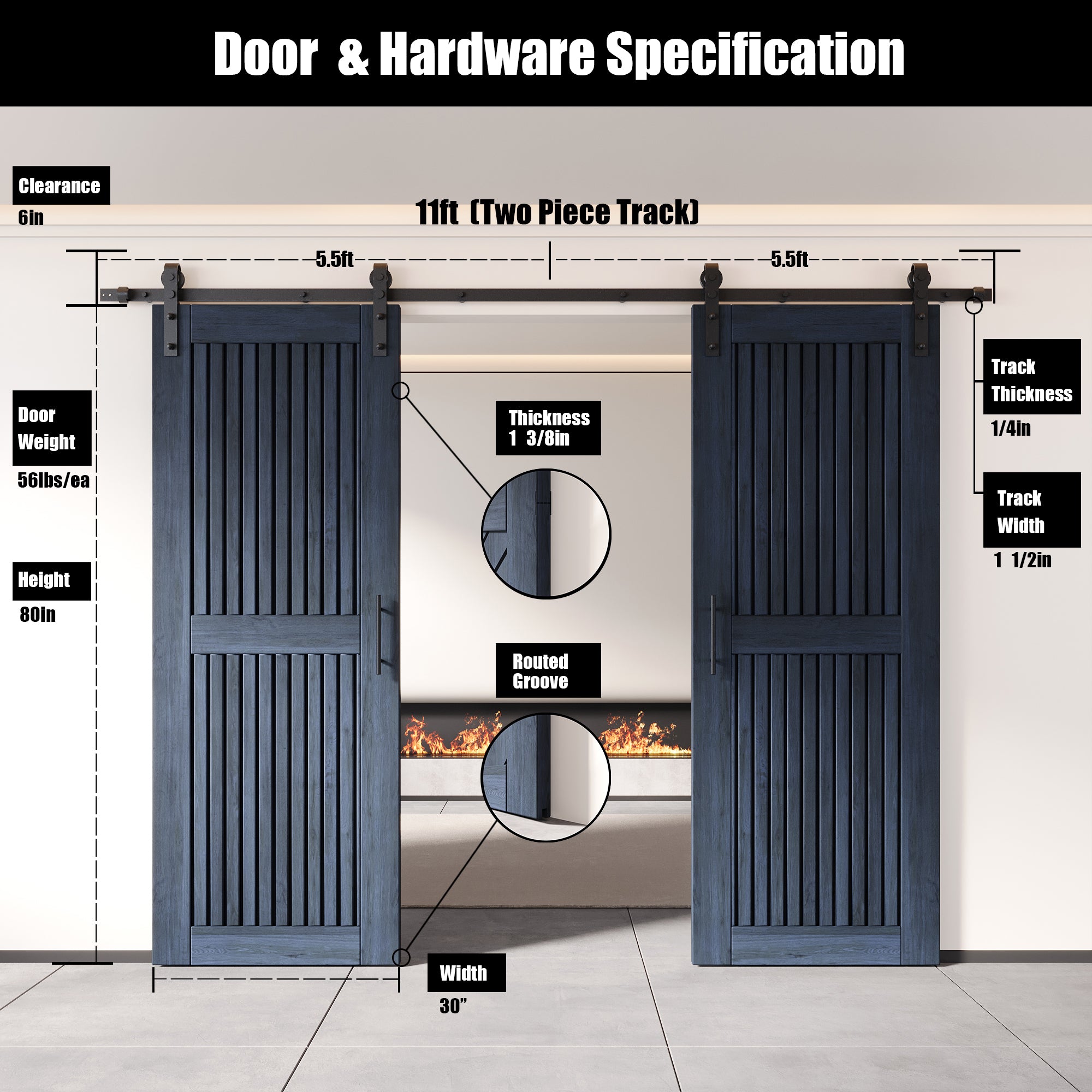 80" Height Navy Vertical Stripe Design Unassembled & Finished Double Pine Wood Barn Door with Non-Bypass Installation Hardware Kit(Interior Use Only)